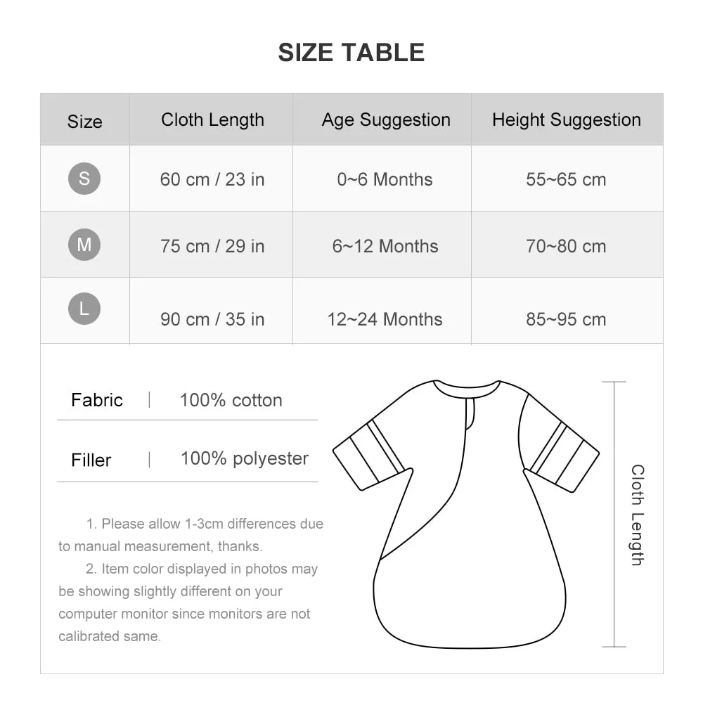 2.5 Tog Baby Sleep bag/ Removable Sleeves for 0-2 Yrs