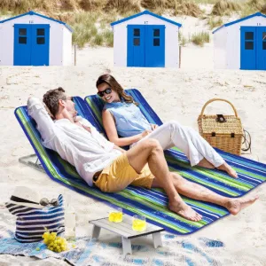 3 Pieces Beach Lounge Chair Mat Set 2 Adjustable Lounge Chairs with Table Stripe-Stripe