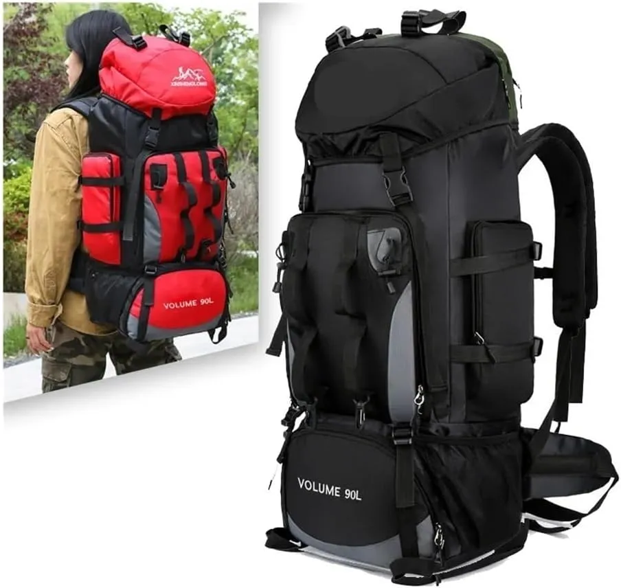90L Waterproof Hiking Camping Backpack Trekking Bag Rucksack Large Capacity Travel Outdoor Sports Bags Camping Equipment Men(Red)