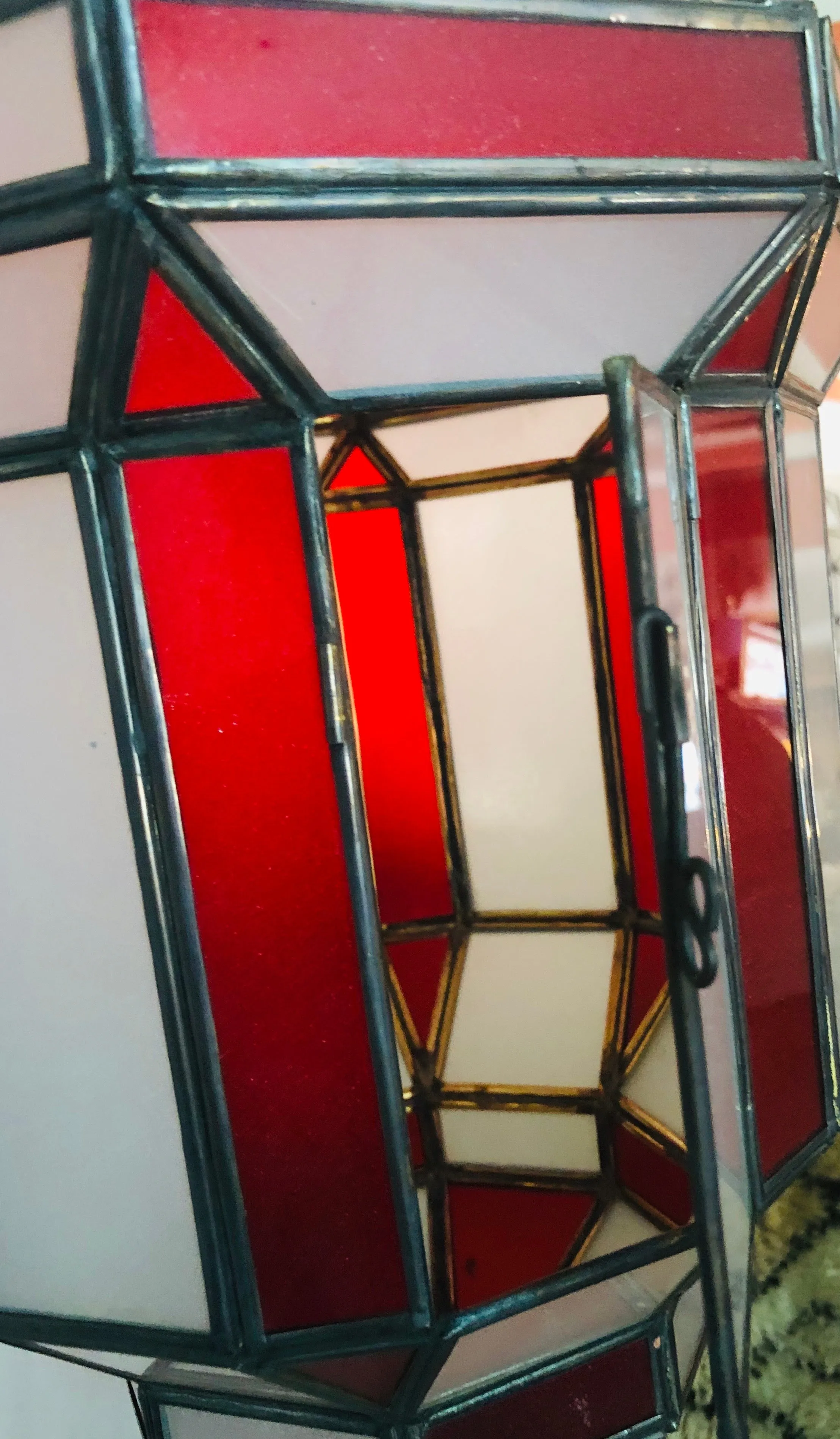 Art Deco Style White Milk and Red Glass Chandelier, Pendant or Lantern, a Pair