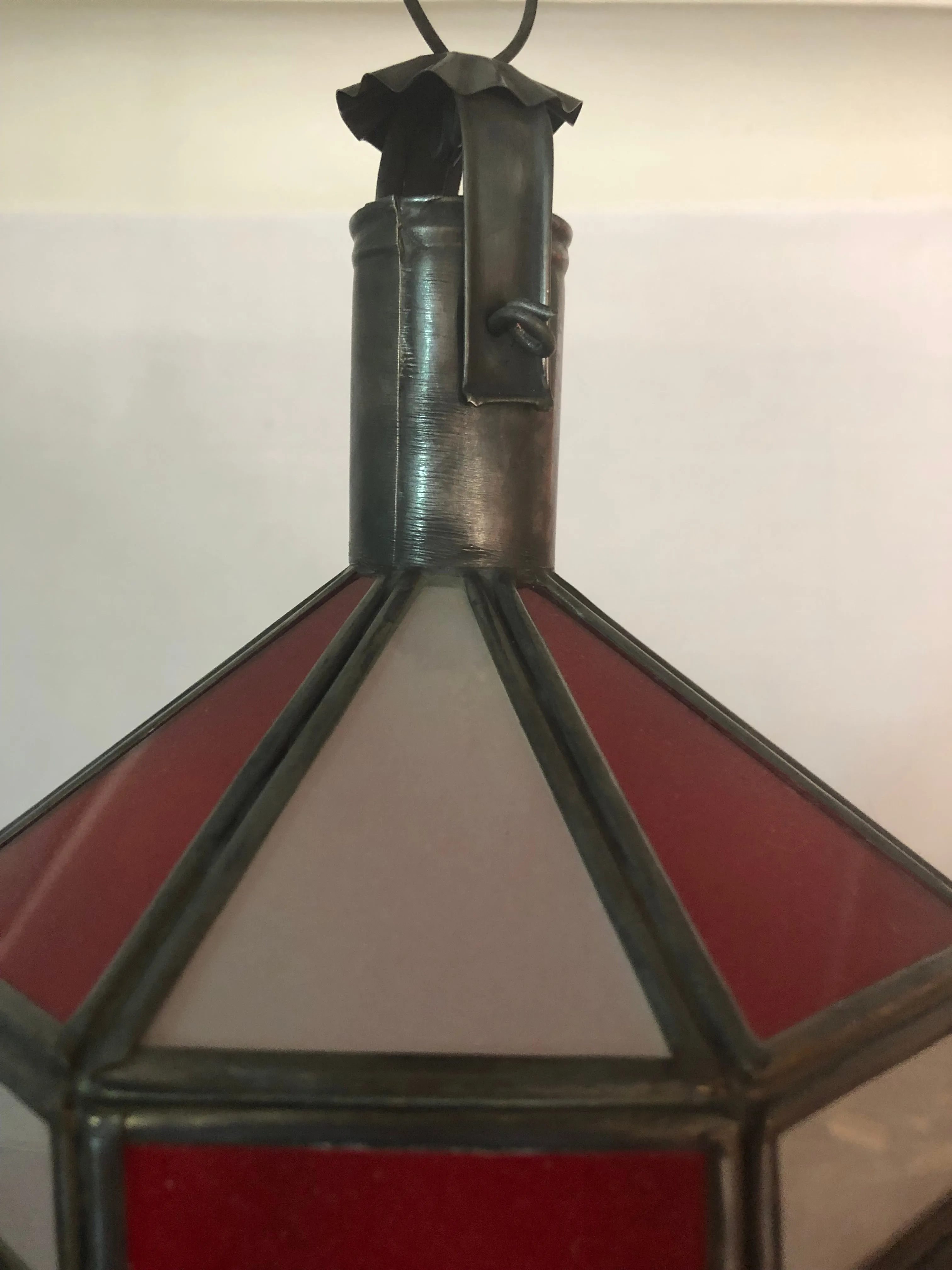 Art Deco Style White Milk and Red Glass Chandelier, Pendant or Lantern, a Pair