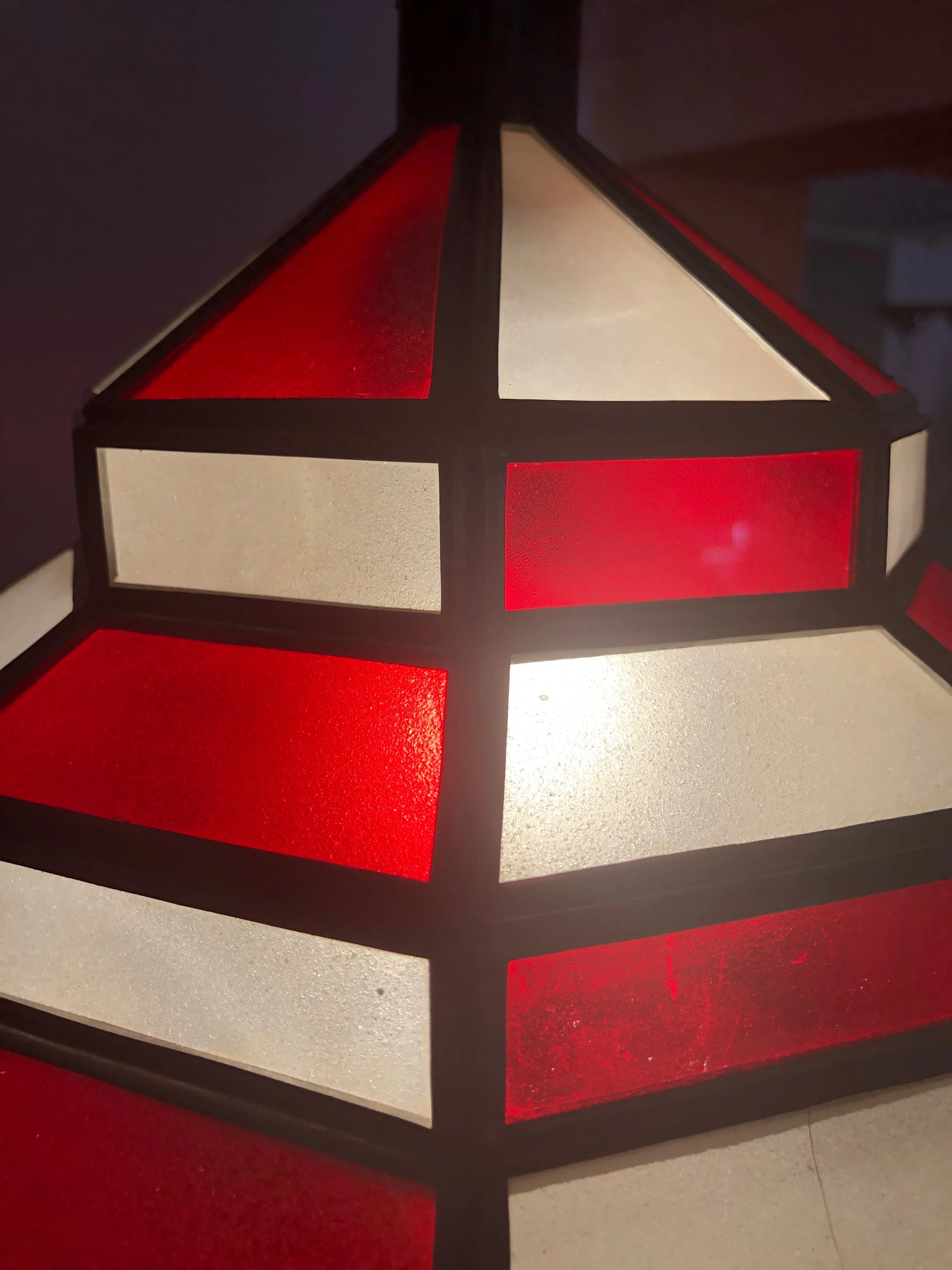 Art Deco Style White Milk and Red Glass Chandelier, Pendant or Lantern, a Pair