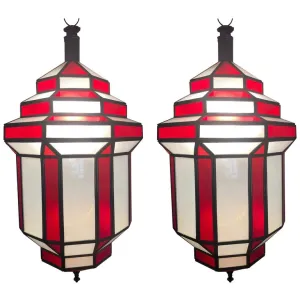 Art Deco Style White Milk and Red Glass Chandelier, Pendant or Lantern, a Pair