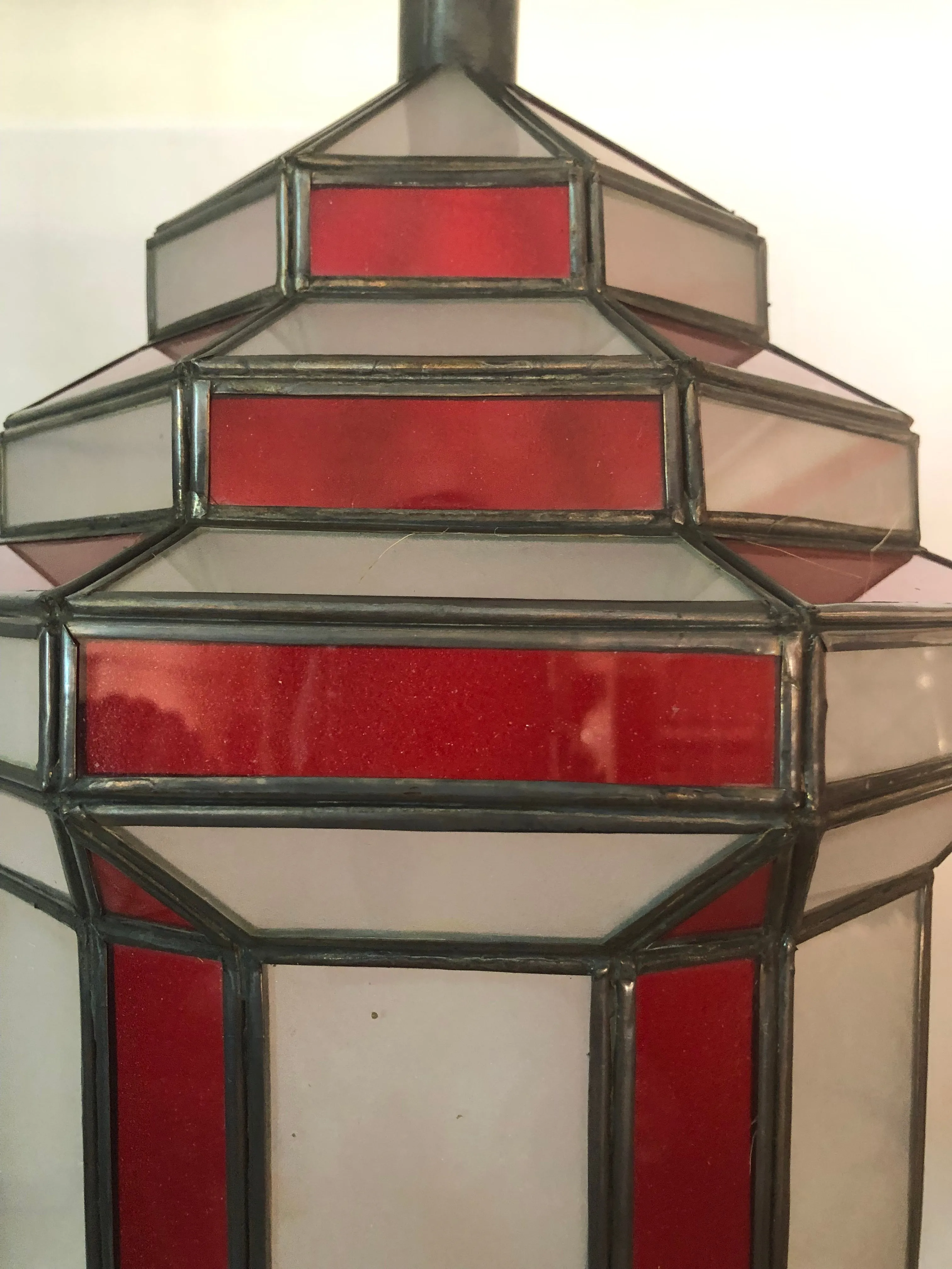 Art Deco Style White Milk and Red Glass Chandelier, Pendant or Lantern, a Pair