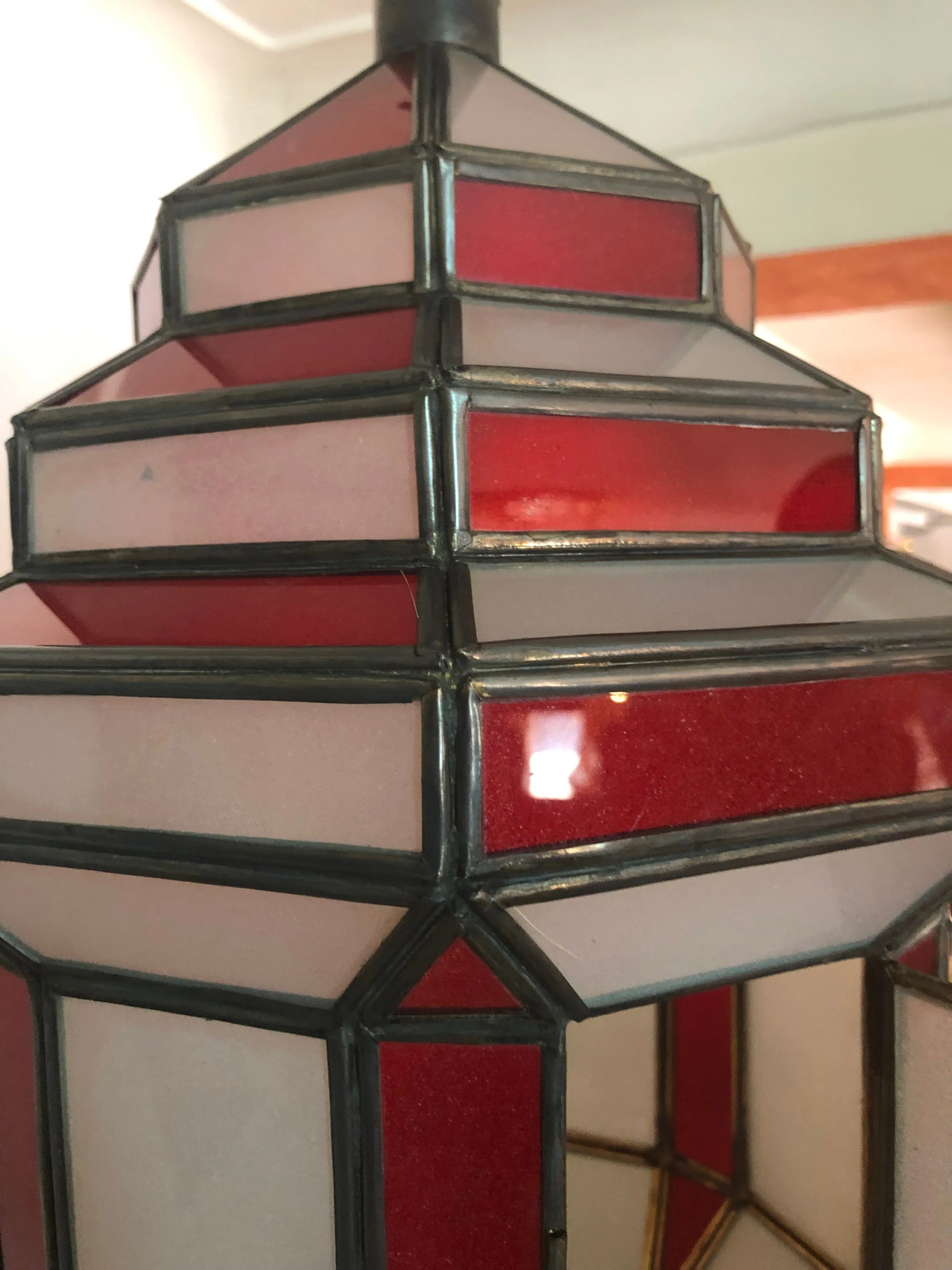 Art Deco Style White Milk and Red Glass Chandelier, Pendant or Lantern, a Pair