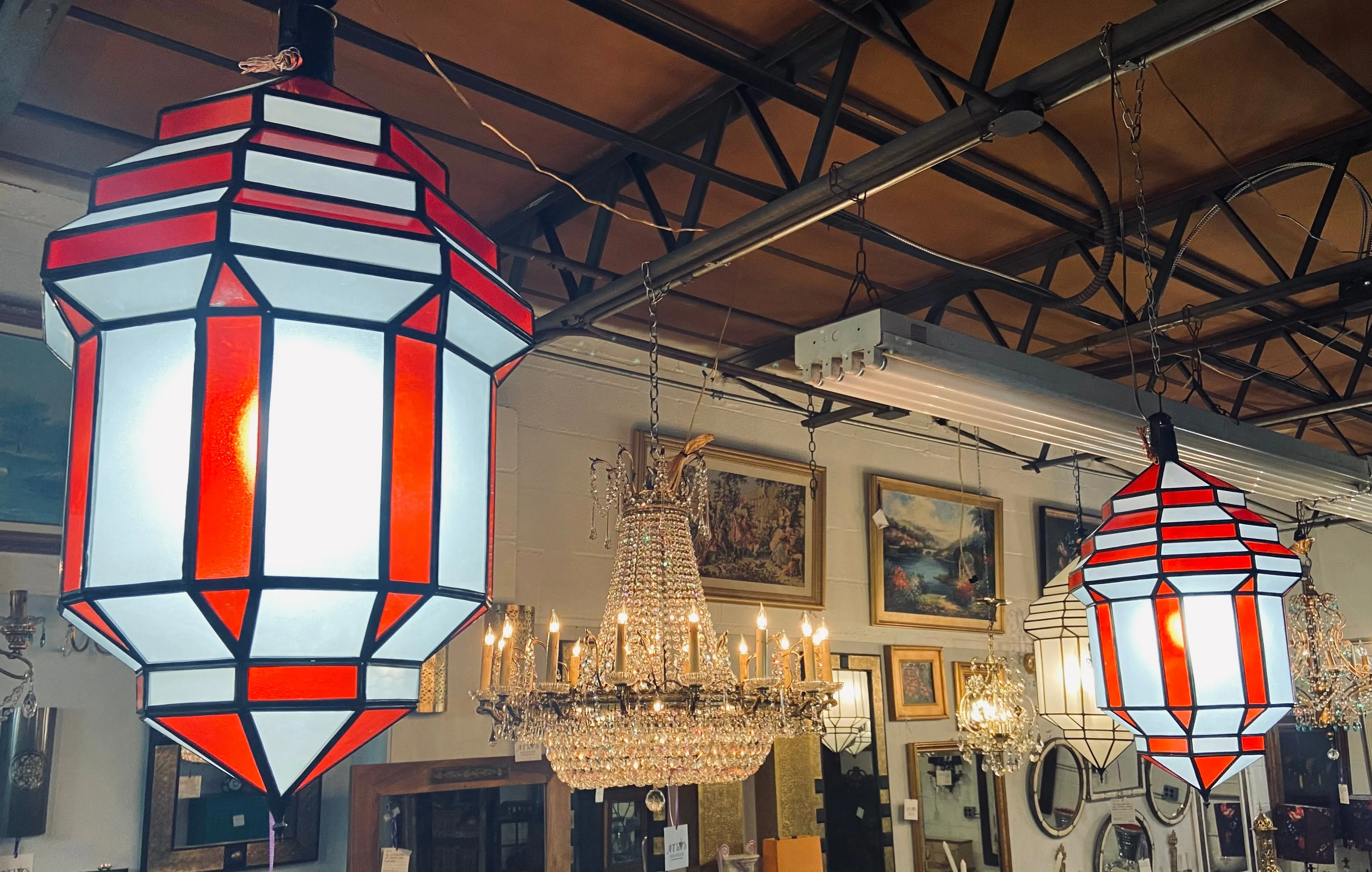 Art Deco Style White Milk and Red Glass Chandelier, Pendant or Lantern, a Pair
