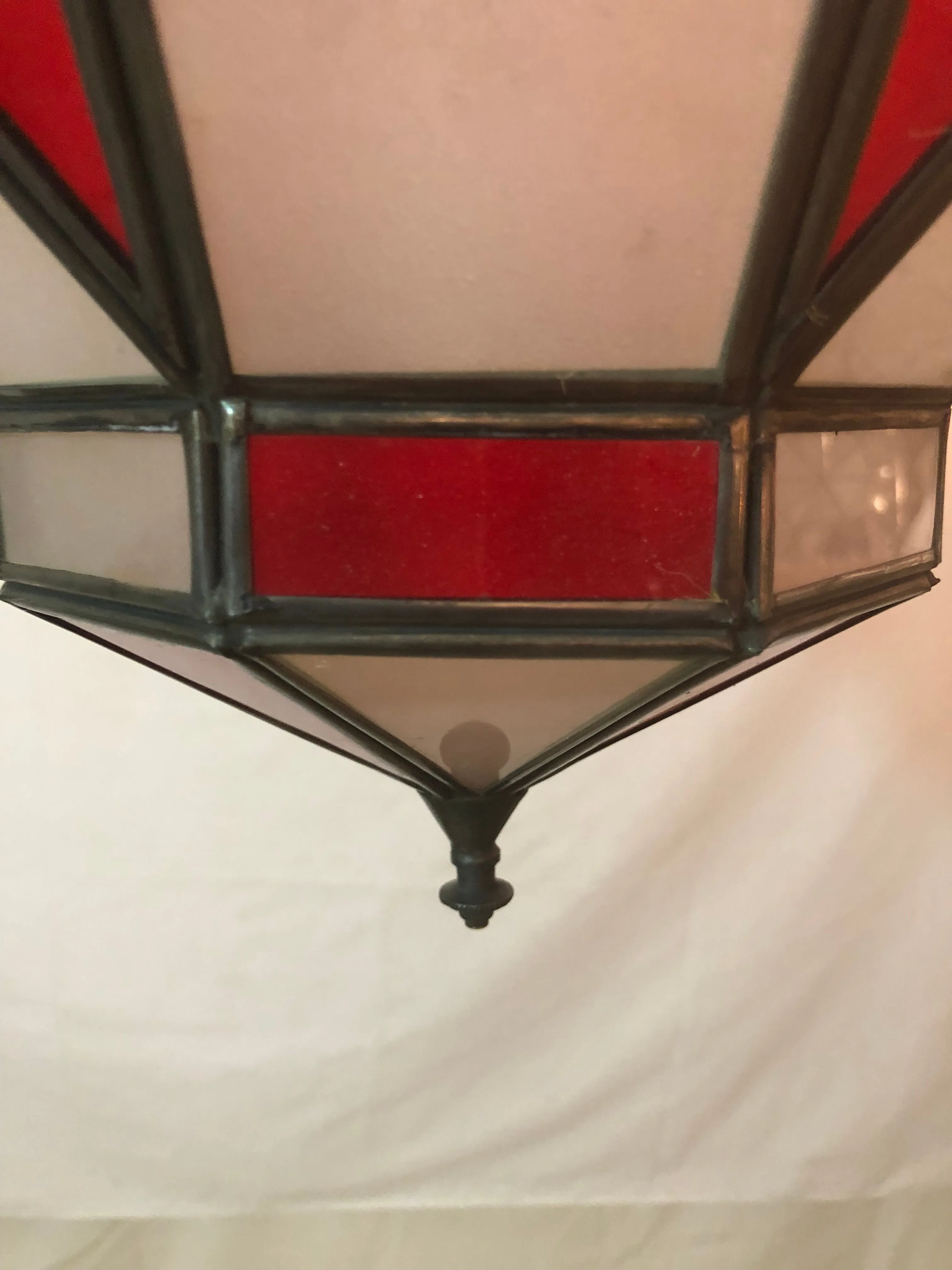 Art Deco Style White Milk and Red Glass Chandelier, Pendant or Lantern, a Pair