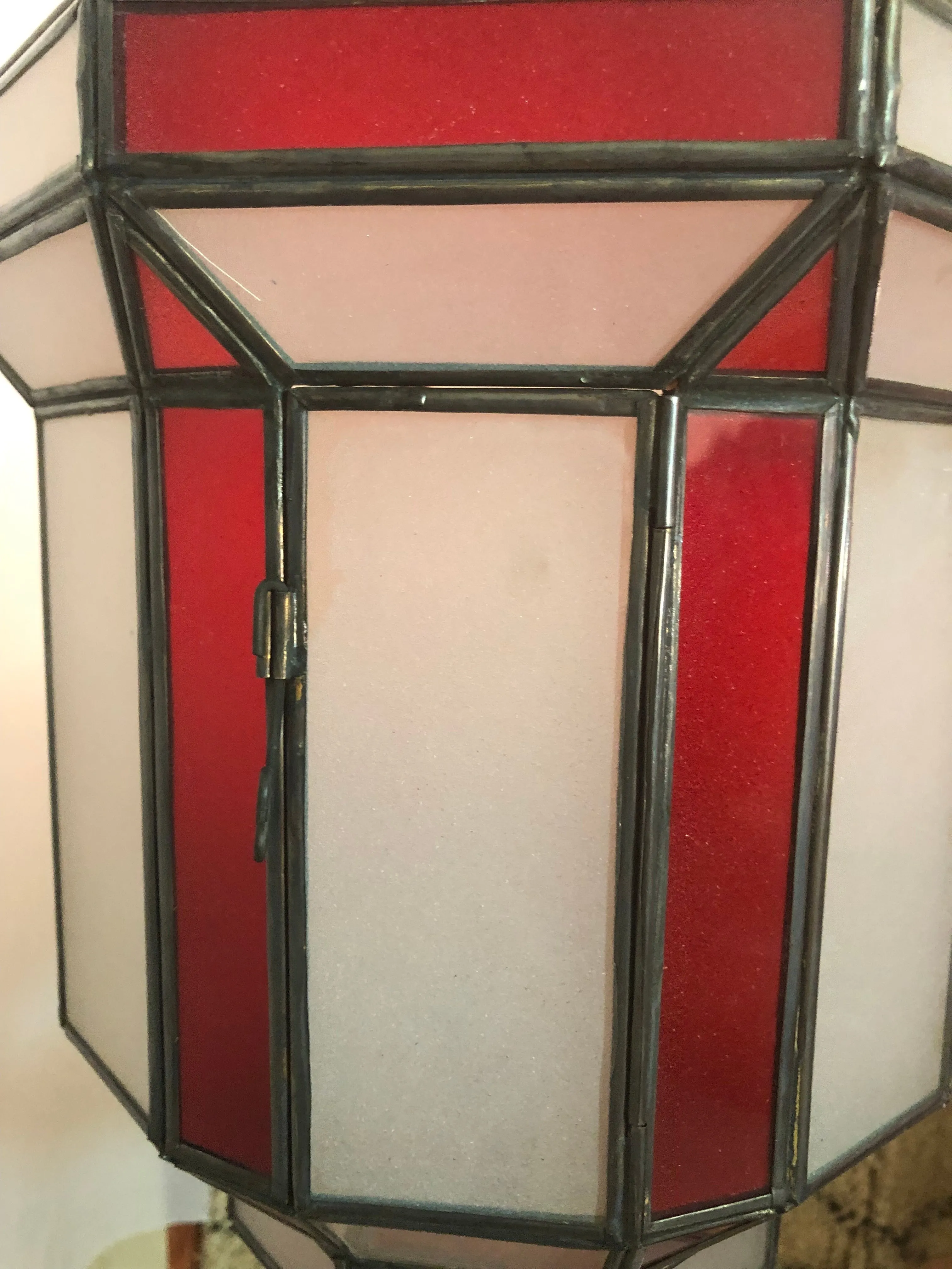 Art Deco Style White Milk and Red Glass Chandelier, Pendant or Lantern, a Pair