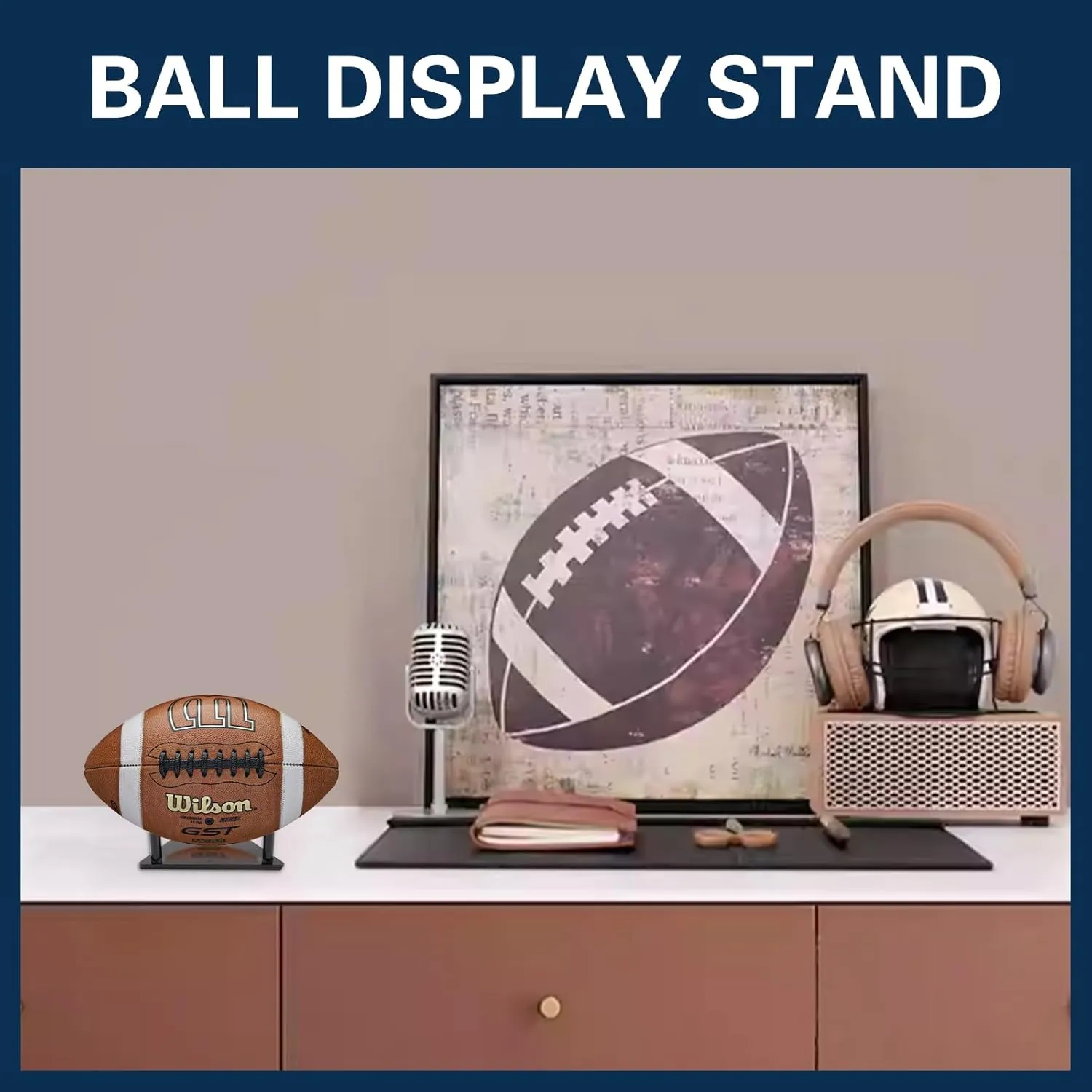 Ball Display Stand with Anti-slip Mat, 1.3inch Pegs Acrylic Sleek Holder for Different Size Basketball, Soccer Ball, Football, Sturdy Memorabilia Display Case-Black
