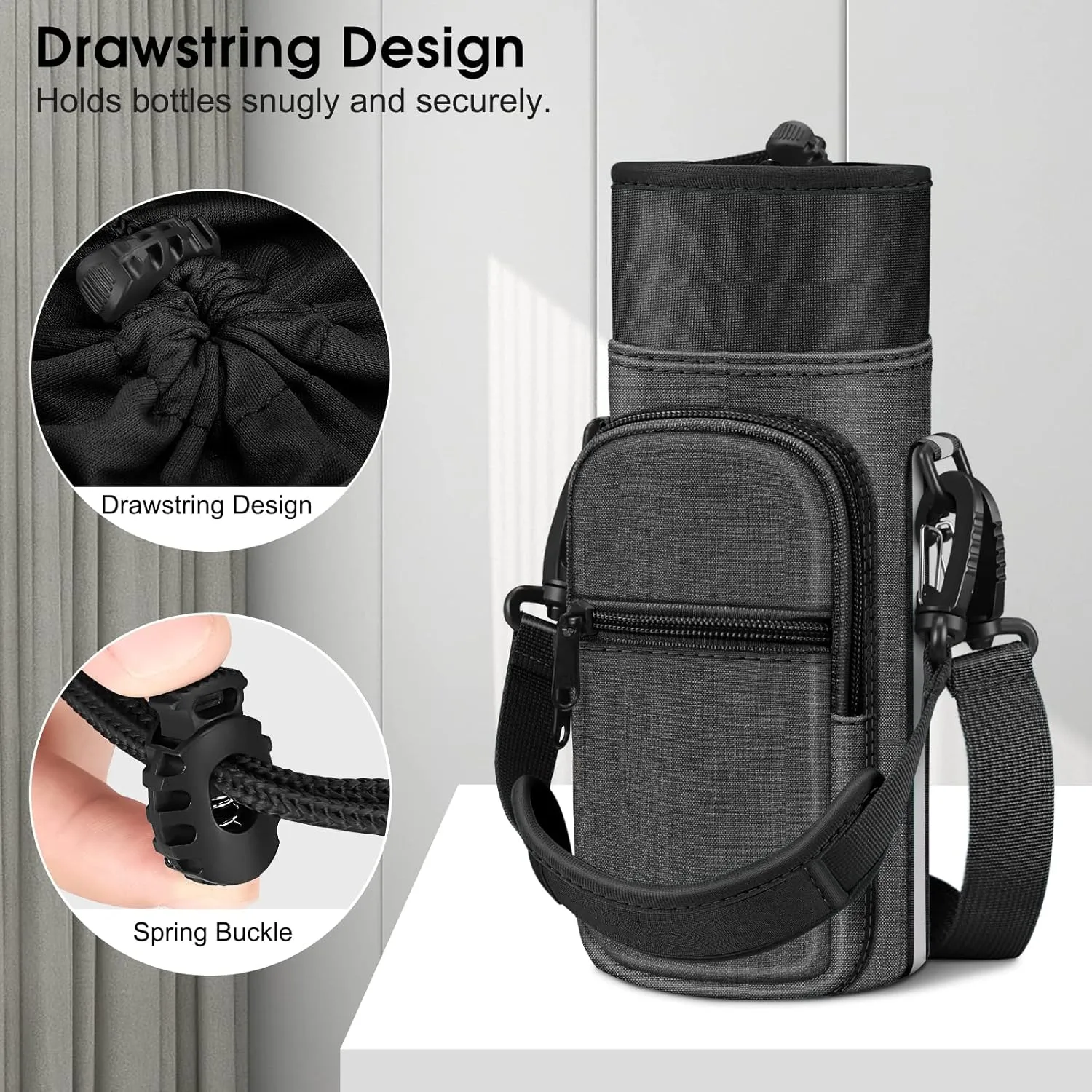 CaseBot Water Bottle Carrier Bag Sling Case, Sports Water Bottle Pouch Holder Sleeve with Adjustable Shoulder Hand Strap and 2 Pockets for Men Women Hiking Camping Travelling