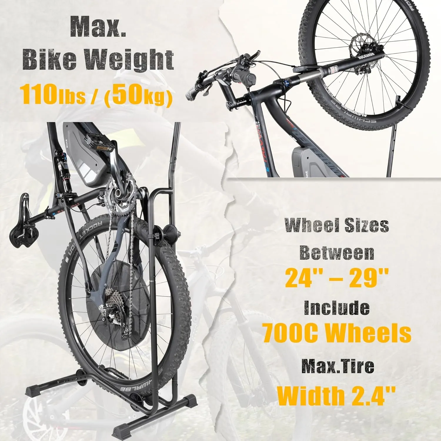 CyclingDeal Upright Bike Stand - Premium Quality Vertical & Horizontal Adjustable Bicycle Floor Parking Rack - for Storing MTB Road Bikes - up to 29 Wheel Size - for E Bike - 1 Bike