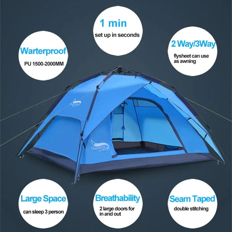 Desert&Fox Outdoor Travel Camp Tent Beach Automatic Easily Building Tent for 3-4 People(Sky Blue)