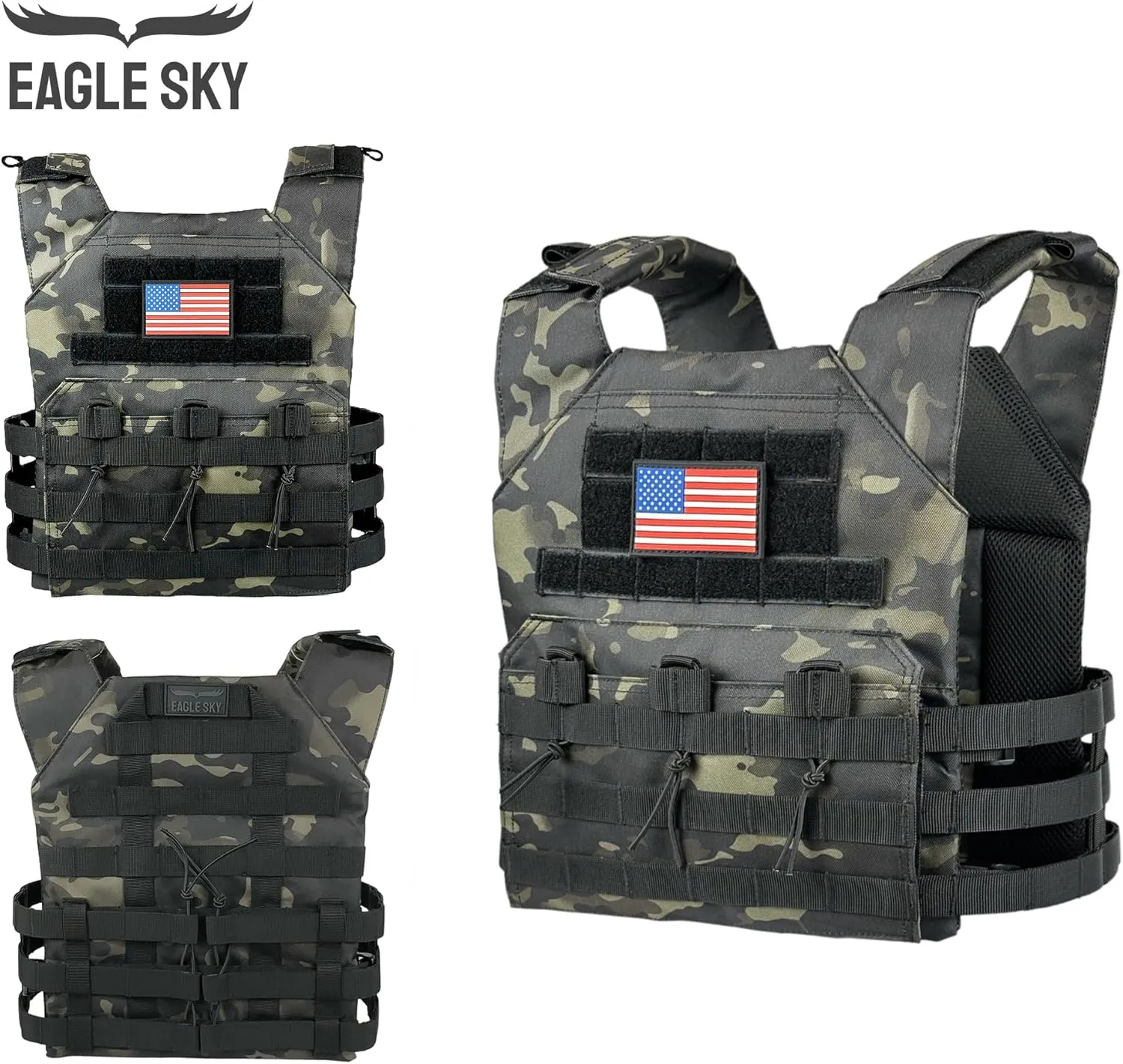 Eagle Sky Tactical Vest ES-2, Light Weight, Tough 500D Nylon, Universal Adjustable Size S-XXL, Breathable 3D Mesh Liner