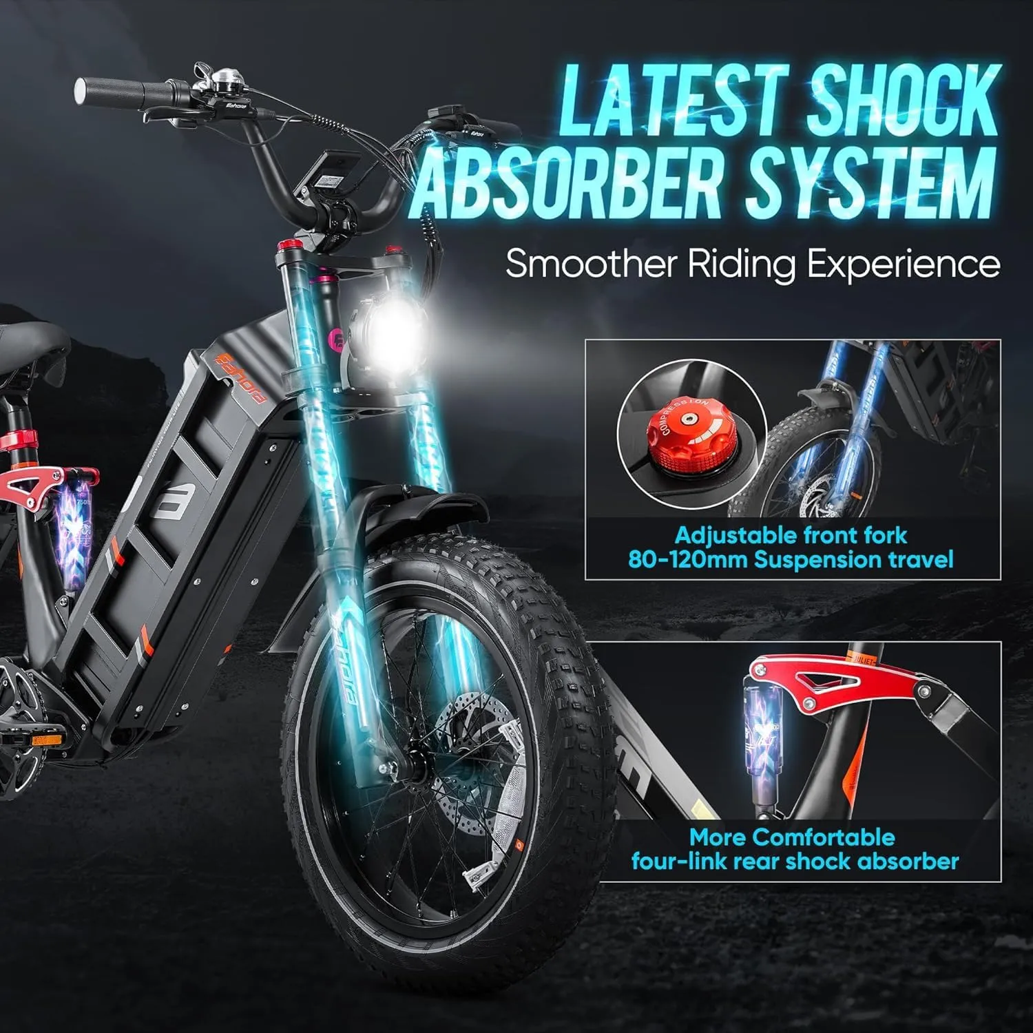 eAhora Juliet Pro II Dual Motor Ebike, Peak 4400W Motor 43MPH, 60V 70Ah 200Mile Long Range Ebike with 20'' Fat Tire Electric Mountain Bike Full Suspension Electric Bike for Adults