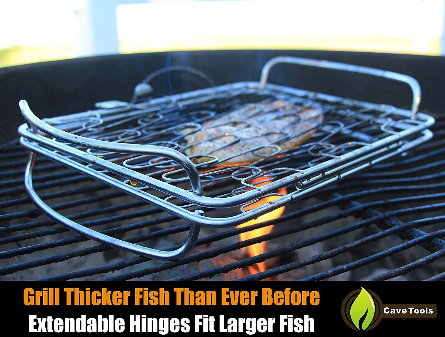 Fish Grill Basket SM - PERFECT FOR LARGE THICK FISHES - BBQ Rack Made From Dishwasher Safe Stainless Steel with Wire Mesh Food Holder - Great for Grilling Barbecue Vegetables and Shrimp - Cave Tools