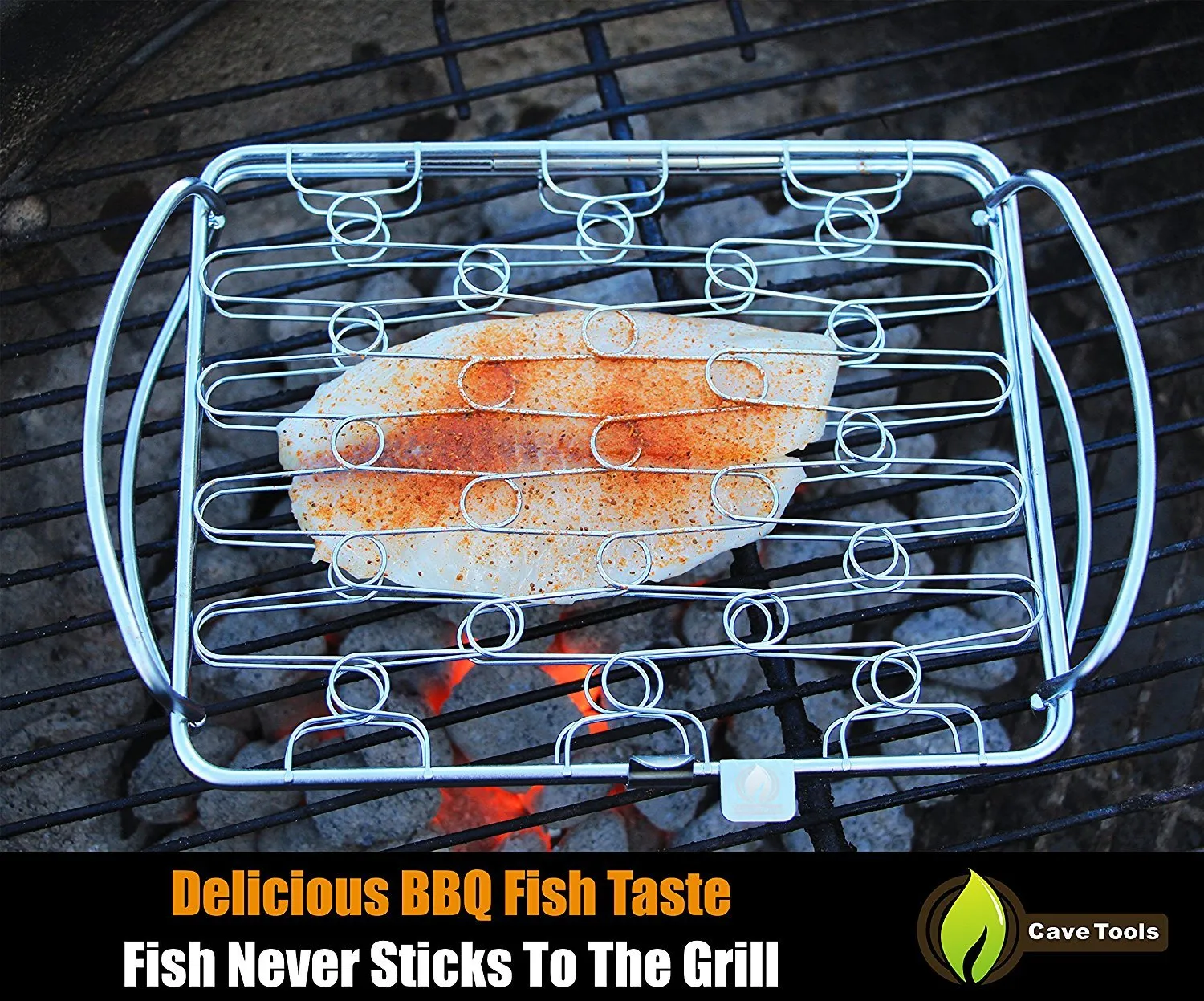 Fish Grill Basket SM - PERFECT FOR LARGE THICK FISHES - BBQ Rack Made From Dishwasher Safe Stainless Steel with Wire Mesh Food Holder - Great for Grilling Barbecue Vegetables and Shrimp - Cave Tools