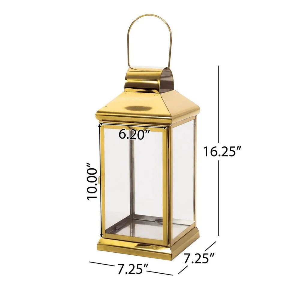 Giana 16 Inch Lantern, Square Gold Stainless Steel Frame, Tempered Glass By Casagear Home