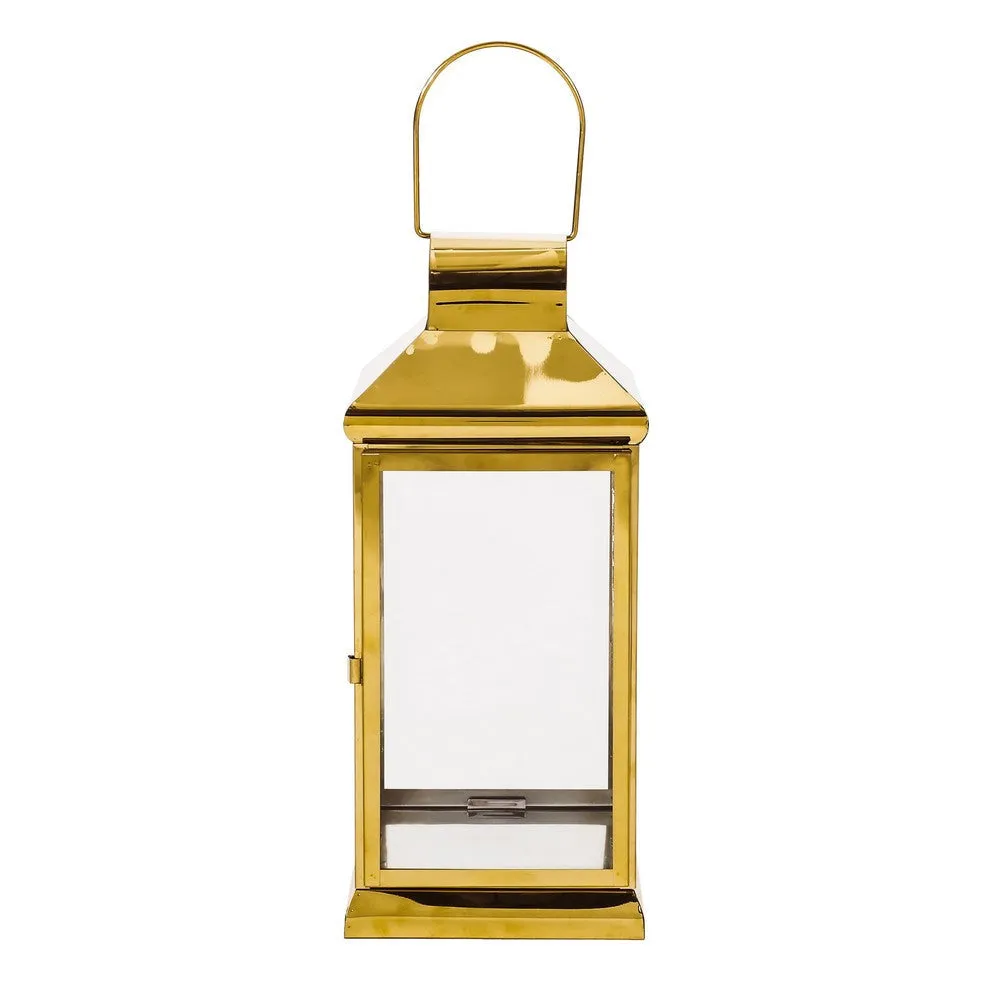 Giana 16 Inch Lantern, Square Gold Stainless Steel Frame, Tempered Glass By Casagear Home