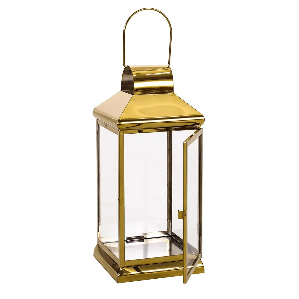 Giana 16 Inch Lantern, Square Gold Stainless Steel Frame, Tempered Glass By Casagear Home