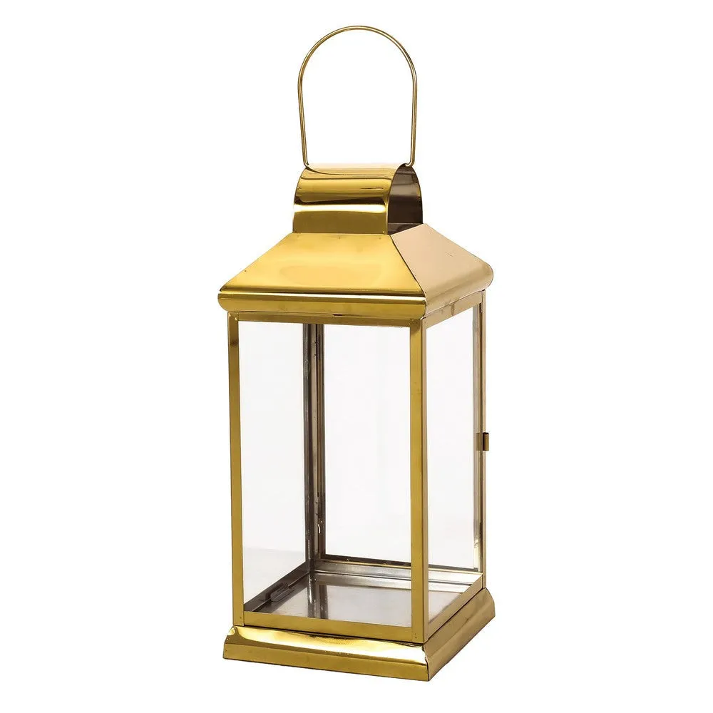 Giana 16 Inch Lantern, Square Gold Stainless Steel Frame, Tempered Glass By Casagear Home