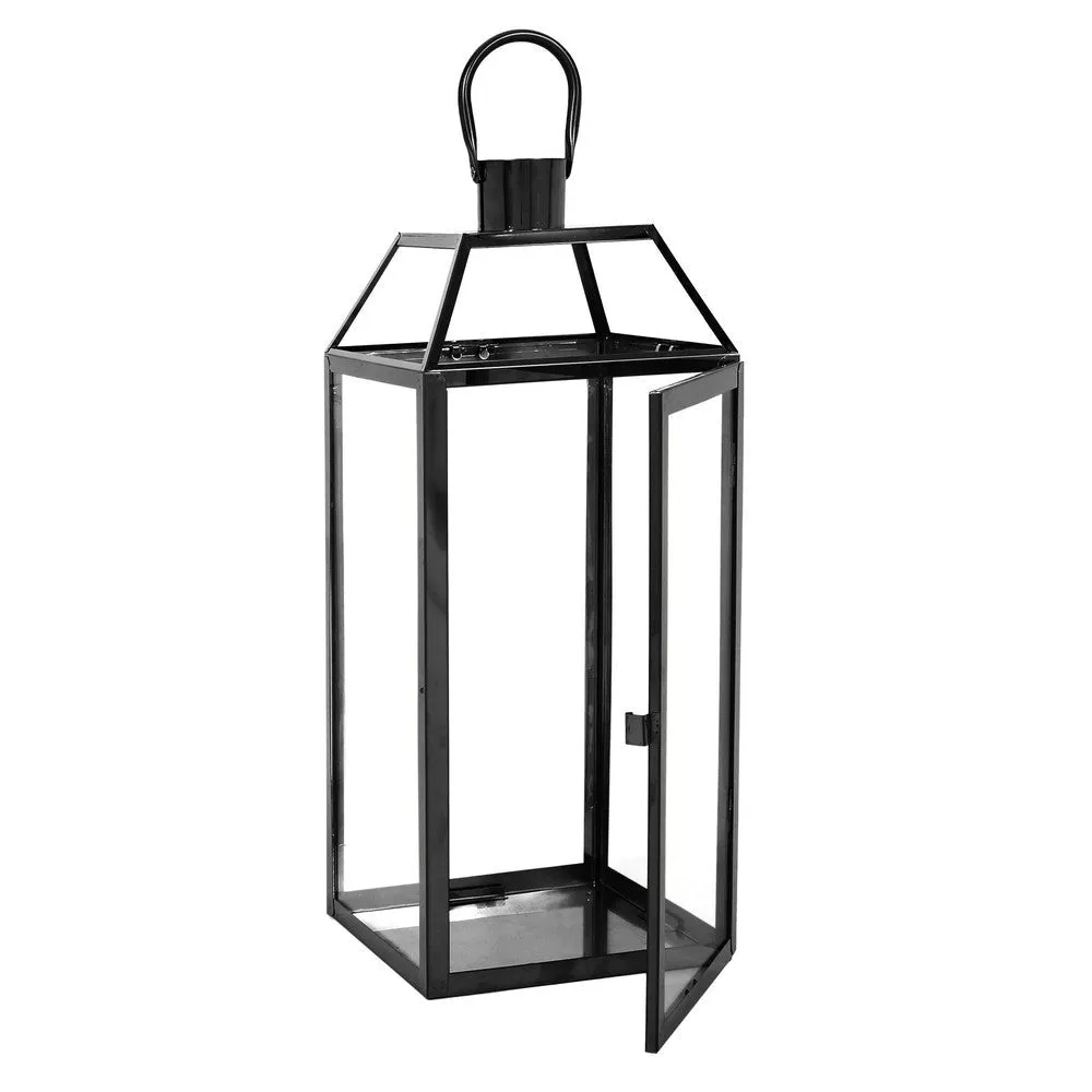 Hari 18 Inch Lantern, Black Stainless Steel, Wire Handle, Tempered Glass By Casagear Home