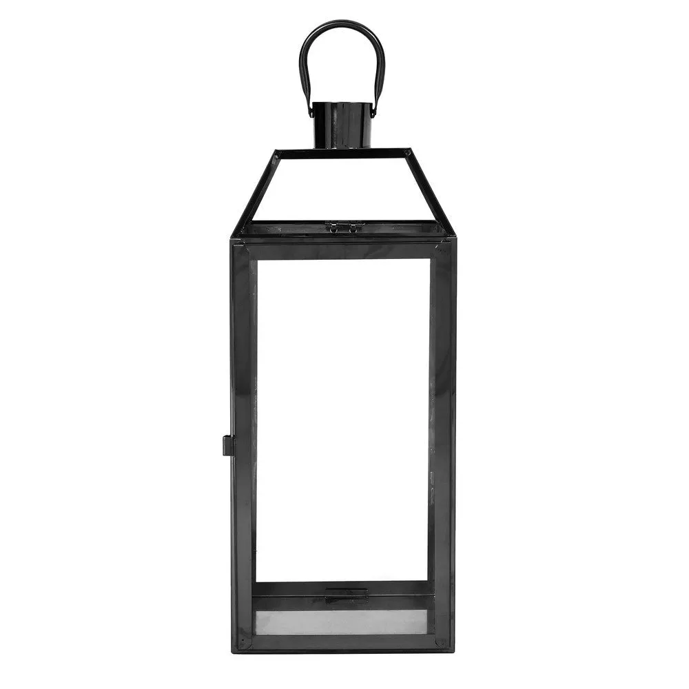 Hari 18 Inch Lantern, Black Stainless Steel, Wire Handle, Tempered Glass By Casagear Home