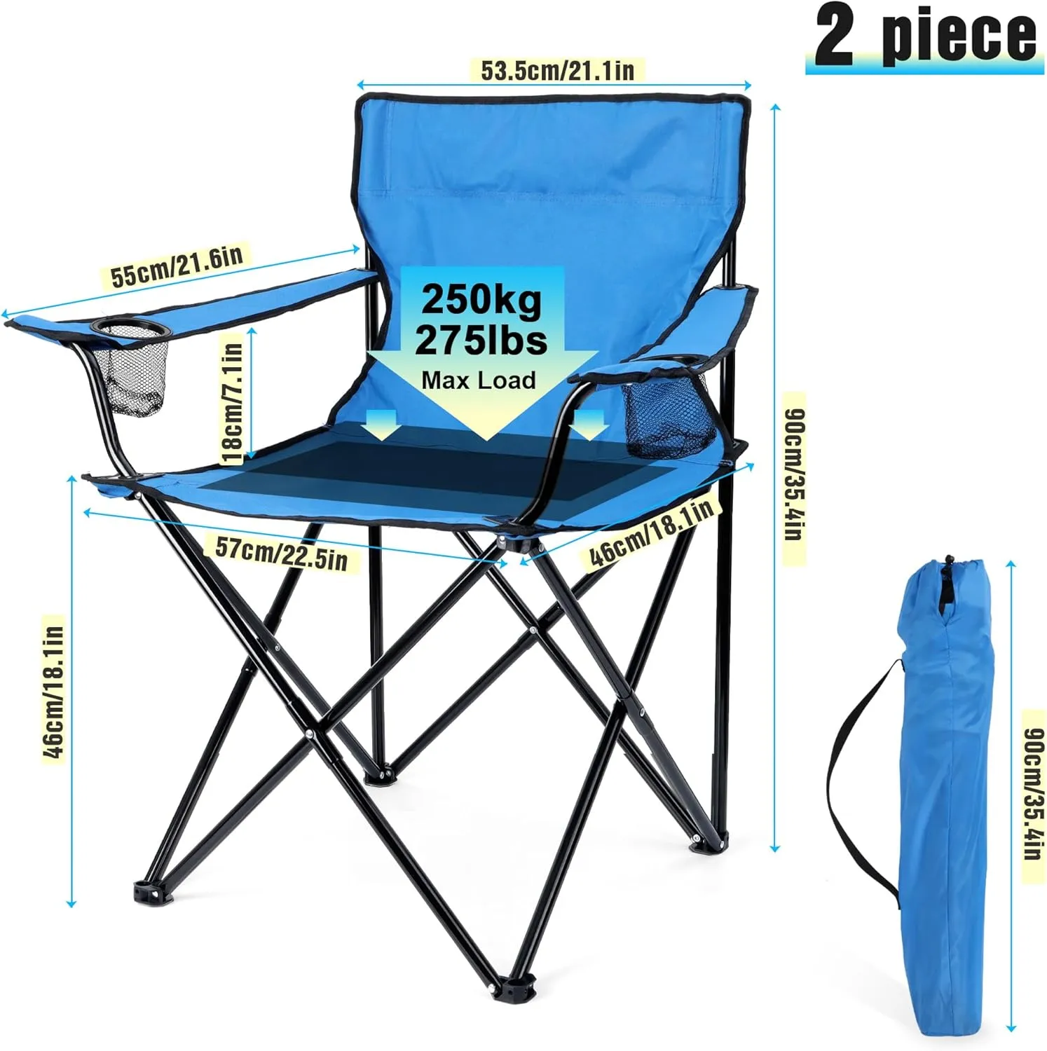 HaSteeL Foldable Camping Chair Set of 2, Folding Camp Chairs & Carrying Bags for Adults, Portable for Lawn, Outdoors, Fishing, Hiking, Travel, Picnic, Beach, Oversized & Supports 275lbs (Blue)