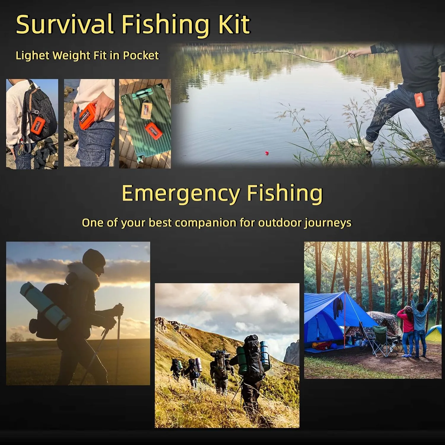 LoDinpo Mini Survival Fishing Kit Small Emergency Fishing TackleBox Pocket Outdoor Fishing Set Travel Party Fishing shoebox Surf Survivalist Fishing Accessories Pack Fishing Gear Gifts for Starter Men