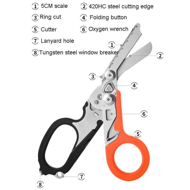 Multifunctional Outdoor First Aid Equipment Foldable Gadget Scissors(Orange)