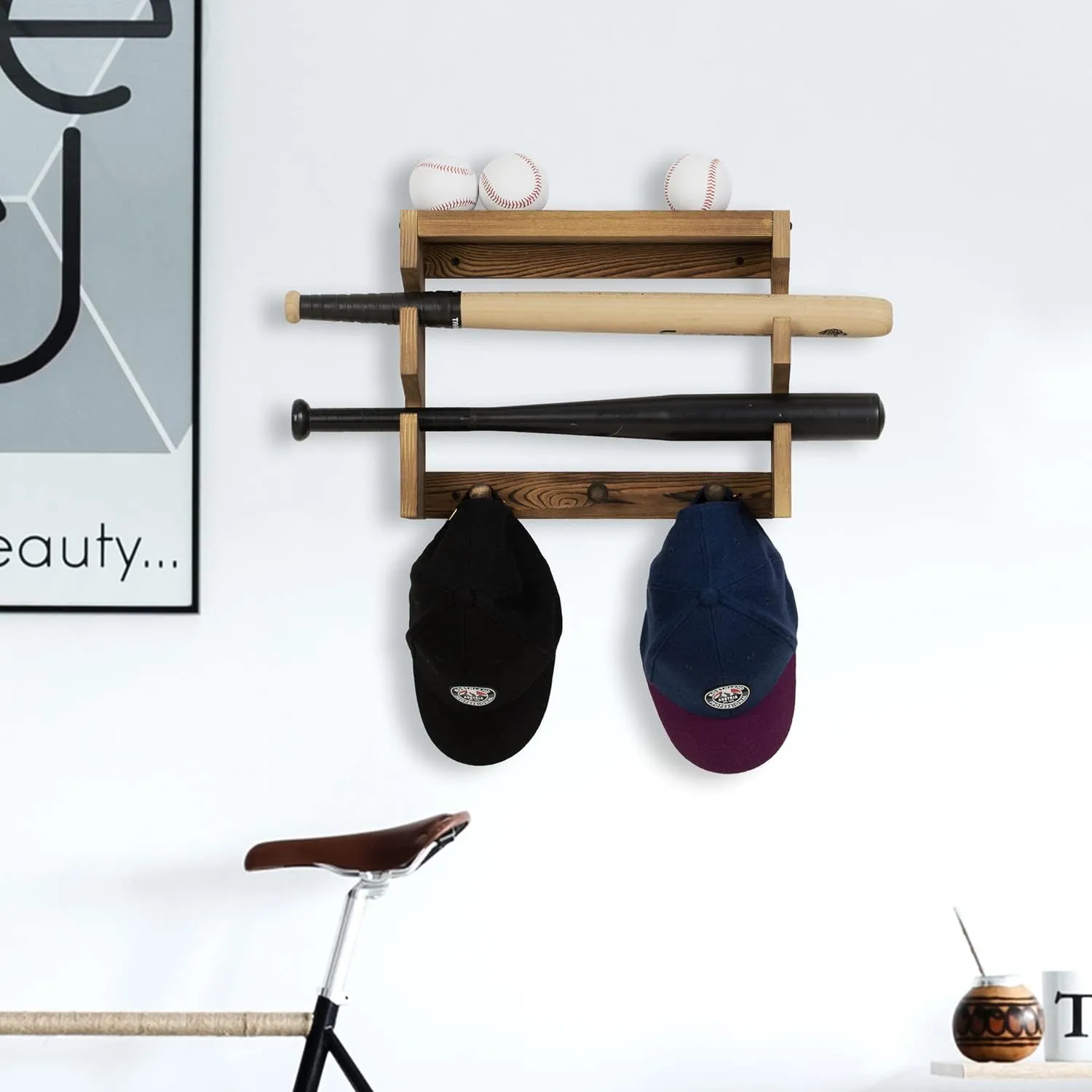 MyGift Wall Mounted Rustic Burnt Wood Baseball Bat and Accessories Rack with Ball Holder, Display Shelf and Hanging Baseball Cap Hooks