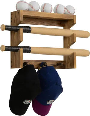 MyGift Wall Mounted Rustic Burnt Wood Baseball Bat and Accessories Rack with Ball Holder, Display Shelf and Hanging Baseball Cap Hooks