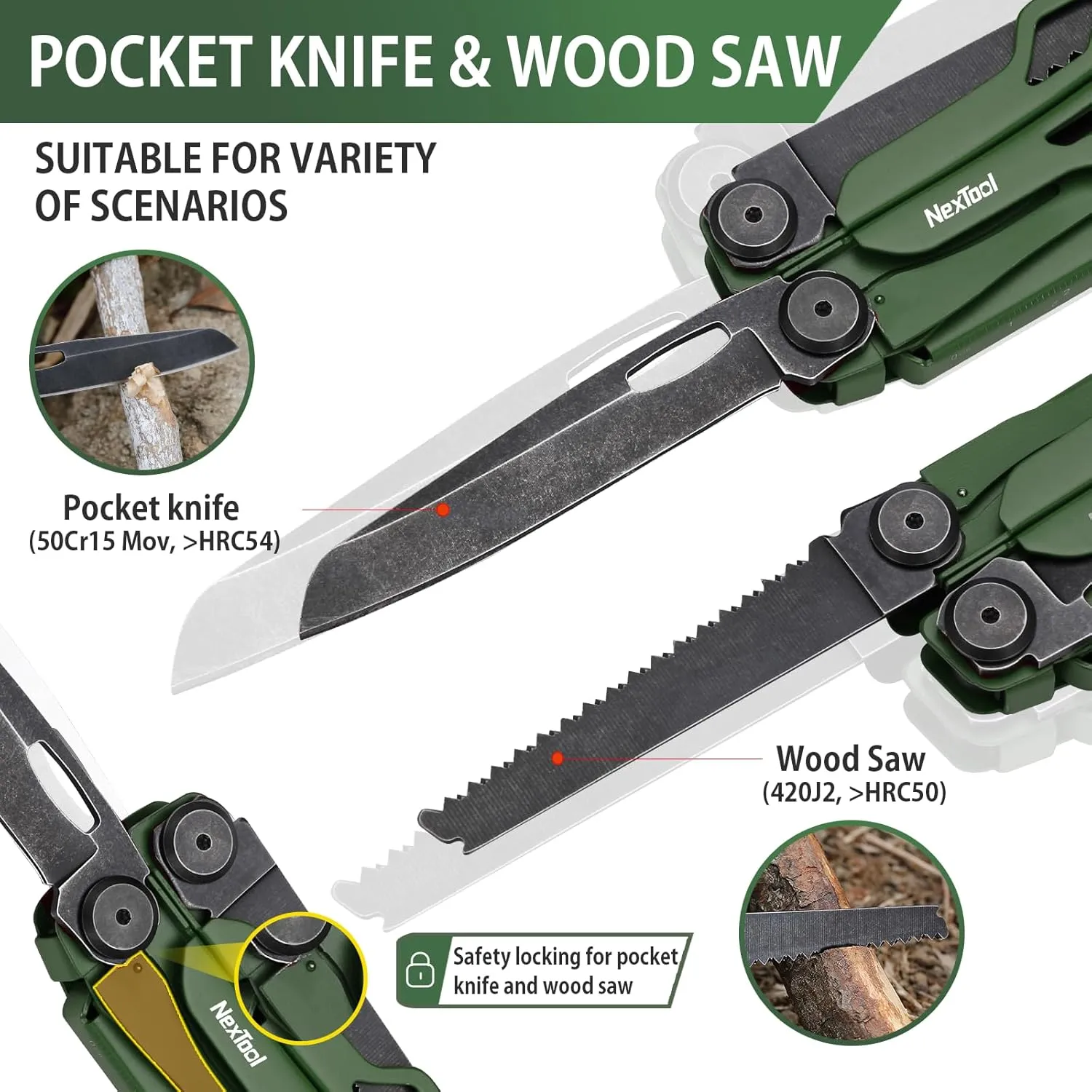 NexTool Flagship Pro, Multi Tool, Multitool Pliers with Folding Scissors, Replaceable Wire Cutters and Safety Locking, Multi Tool Pocket Knife, Survival Tools with Glass Breaker, Gifts for Men-Green