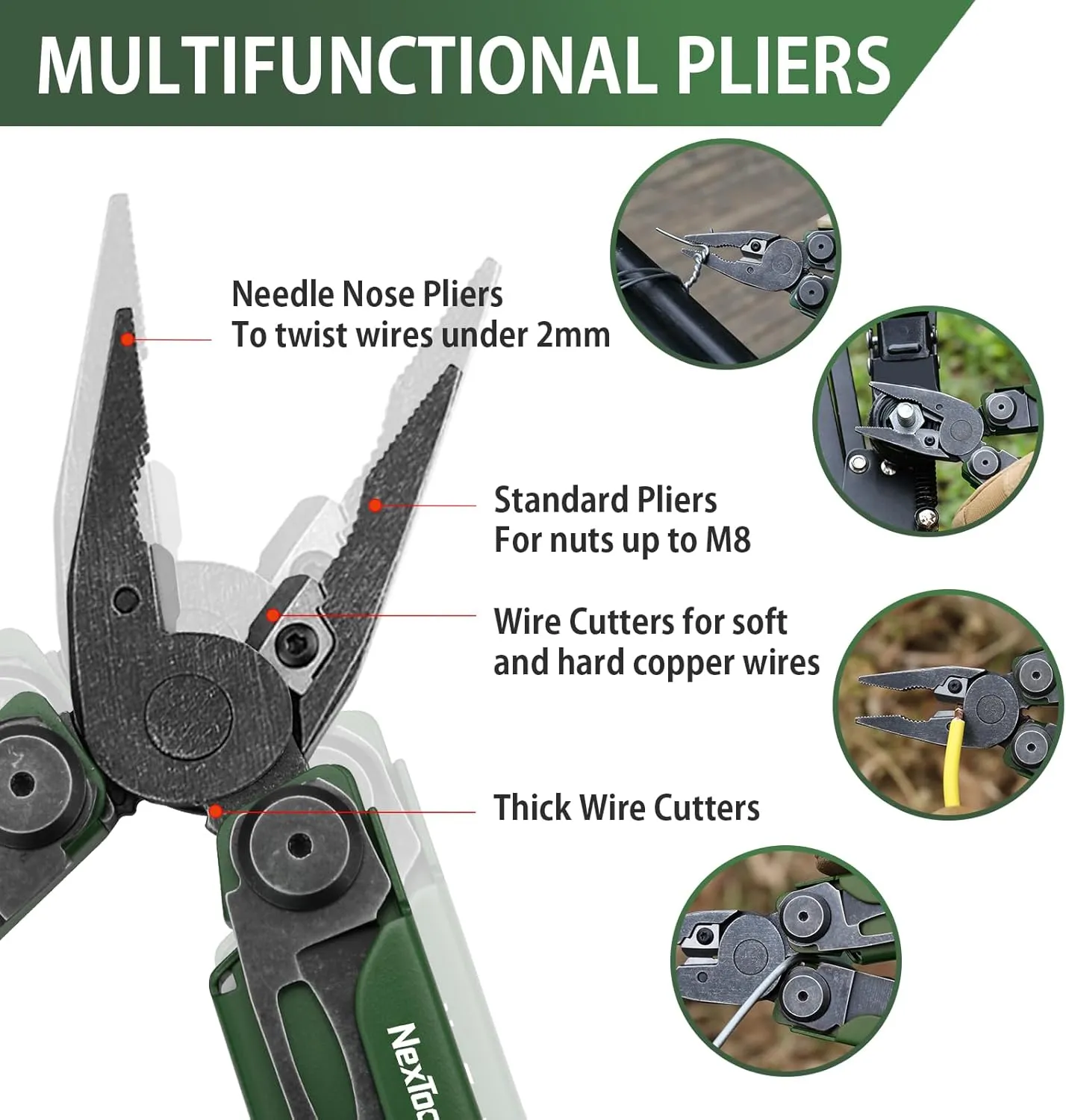 NexTool Flagship Pro, Multi Tool, Multitool Pliers with Folding Scissors, Replaceable Wire Cutters and Safety Locking, Multi Tool Pocket Knife, Survival Tools with Glass Breaker, Gifts for Men-Green