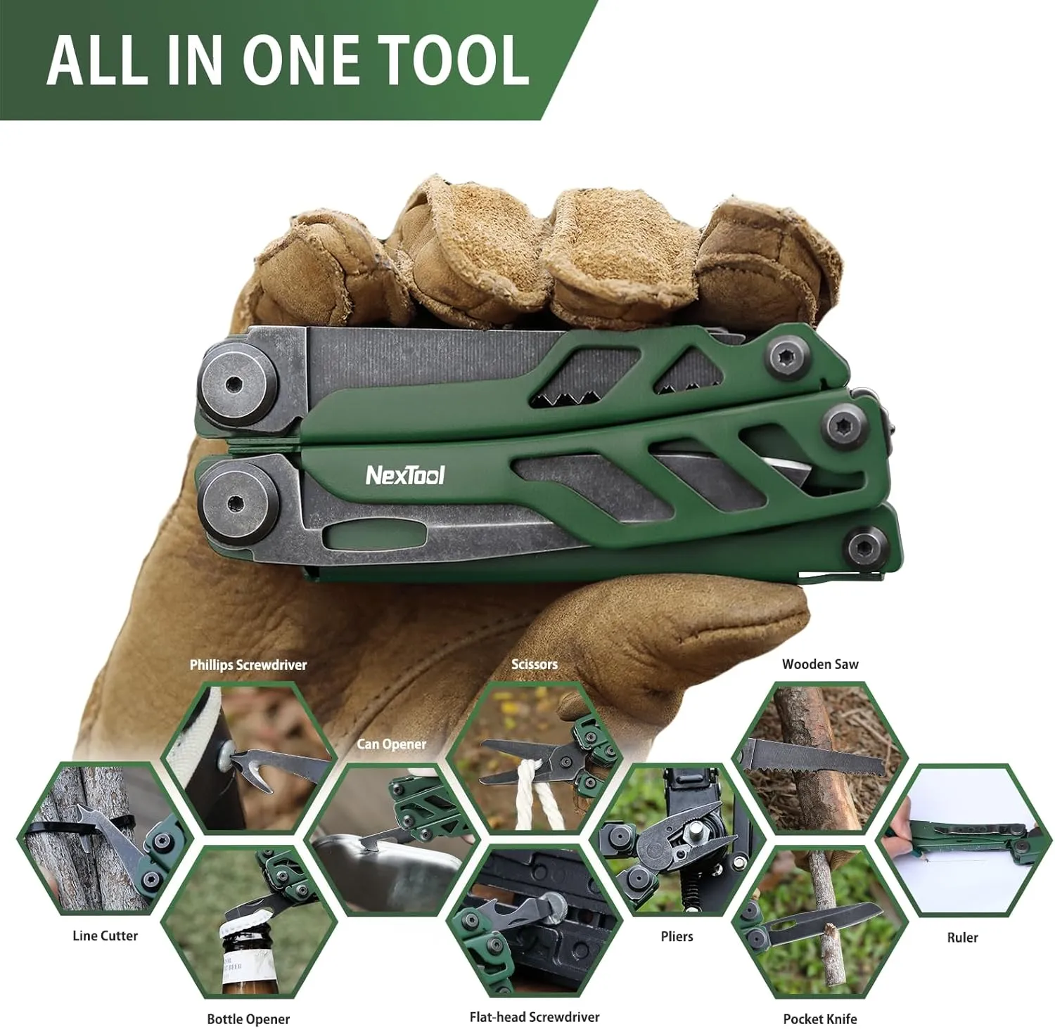 NexTool Flagship Pro, Multi Tool, Multitool Pliers with Folding Scissors, Replaceable Wire Cutters and Safety Locking, Multi Tool Pocket Knife, Survival Tools with Glass Breaker, Gifts for Men-Green