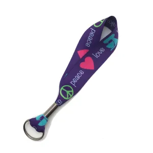 Peace, Love, Bake Key Fob in purple, pink, teal and lime on 1" Webbing