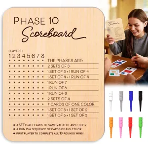 Phase 10 Score Board, Wooden Scoreboard for Phase 10 Card Game with 8 Colored Cribbage Pegs, Fun Board Card Games Accessories for Adults, Families, Parties & Travel