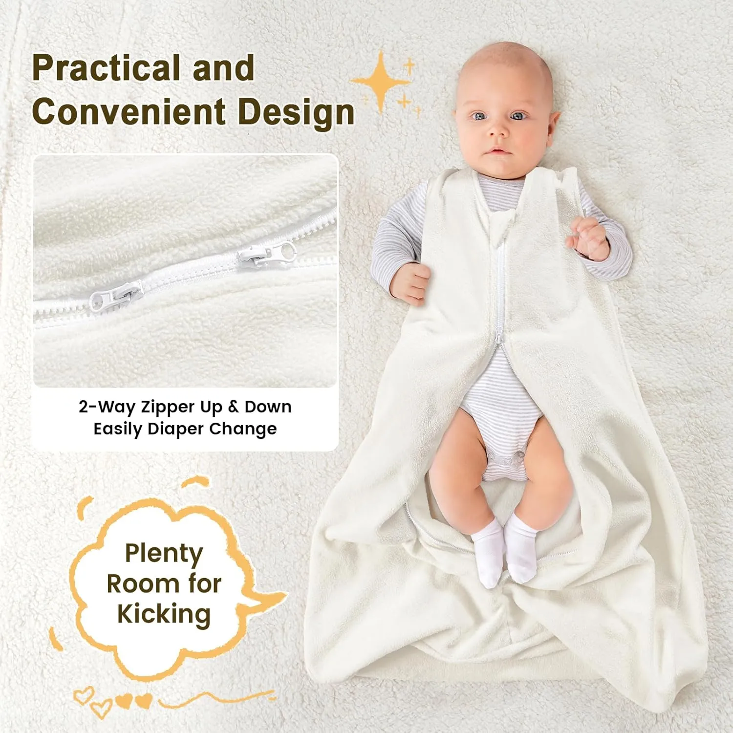 PHF 3 Pack Warm Micro-Fleece Baby Sleep Sack 6-12 Months, Soft Baby Wearable Blanket, 2-Way Zipper Sleeping Bags, Comfy Sleeping Sack for Infant Newborn Boys, Medium Size, Snow White&Grey&Blue
