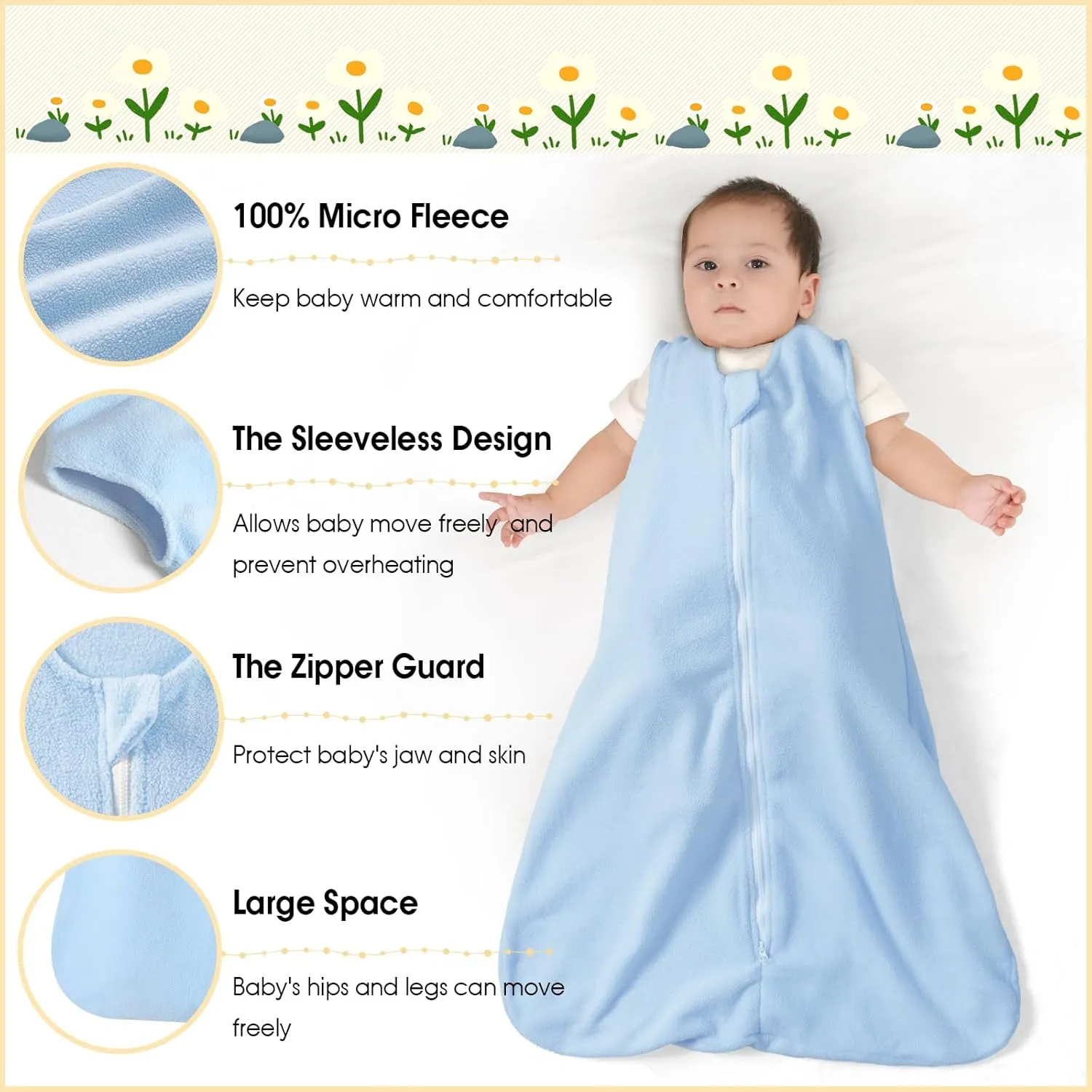 PHF 3 Pack Warm Micro-Fleece Baby Sleep Sack 6-12 Months, Soft Baby Wearable Blanket, 2-Way Zipper Sleeping Bags, Comfy Sleeping Sack for Infant Newborn Boys, Medium Size, Snow White&Grey&Blue