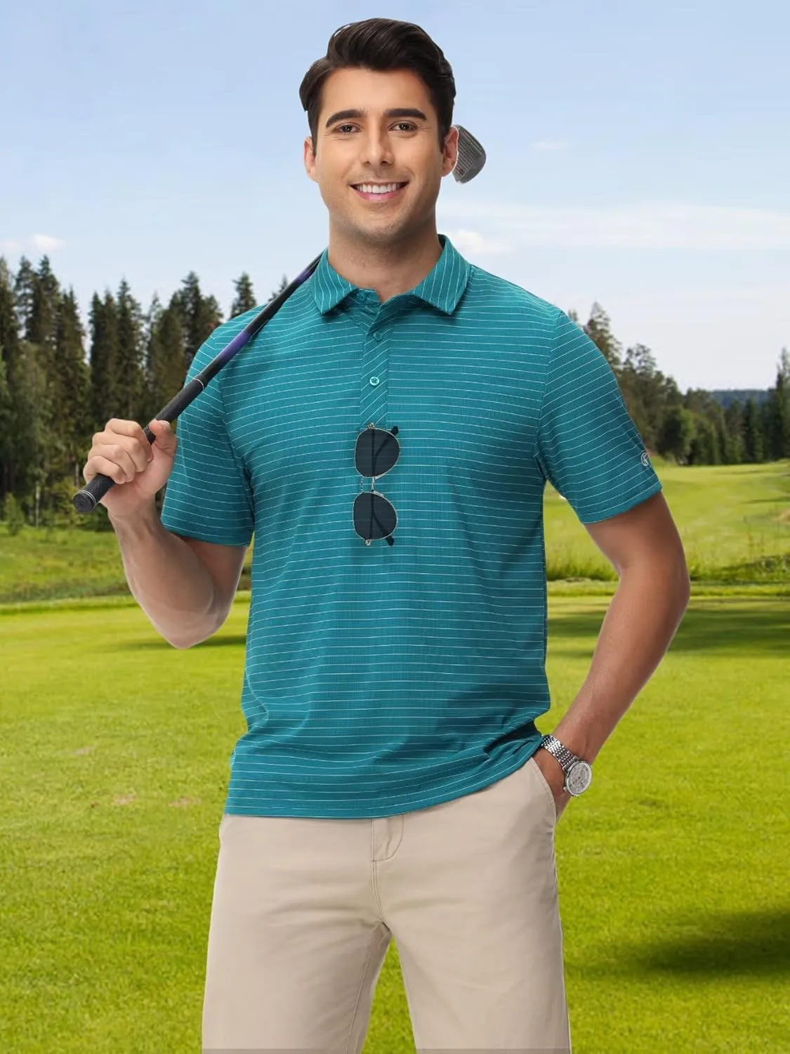 QPNGRP Golf Shirts for Men Short Sleeve Striped Casual Performance Collared Mens Polo Shirts