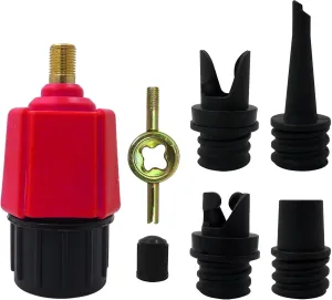 Red 4 in 1 Inflatable Pump Air Valve Converter Adapter with 4 Air Valve Nozzles for Inflatable Boat, Stand Up Paddle Board, Inflatable Bed