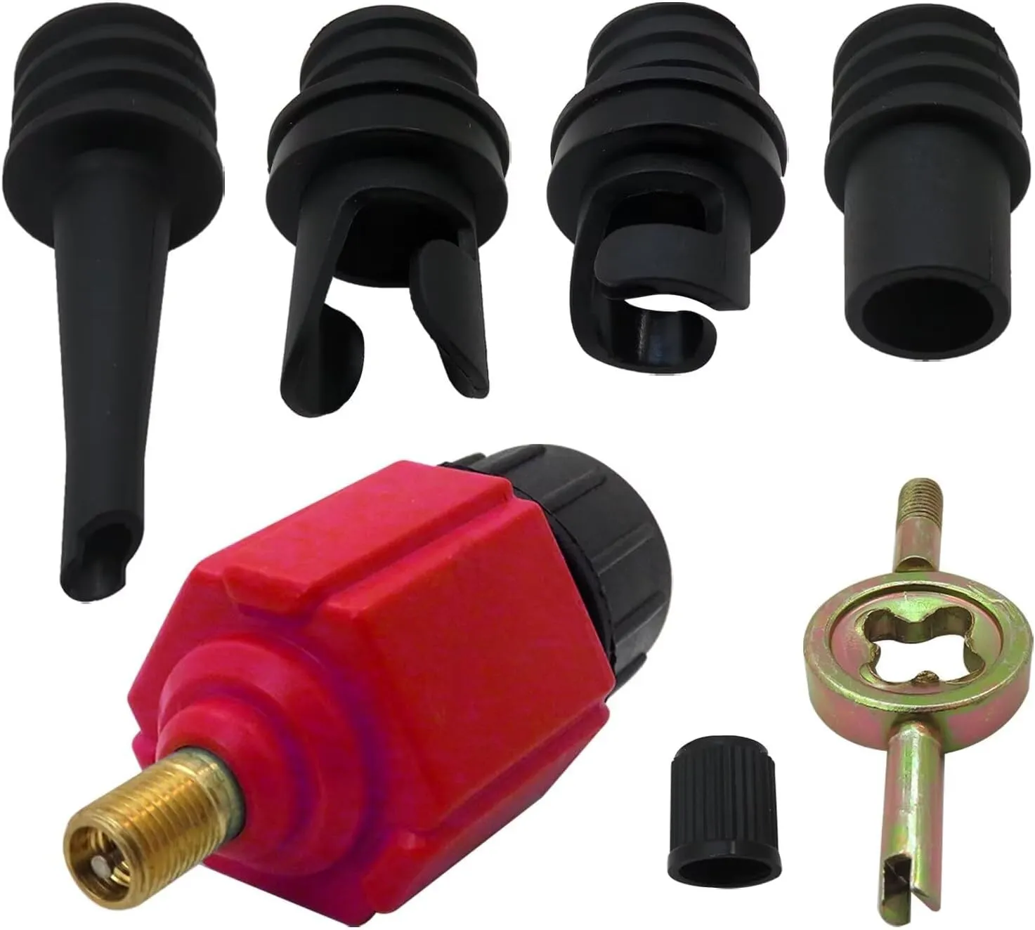 Red 4 in 1 Inflatable Pump Air Valve Converter Adapter with 4 Air Valve Nozzles for Inflatable Boat, Stand Up Paddle Board, Inflatable Bed