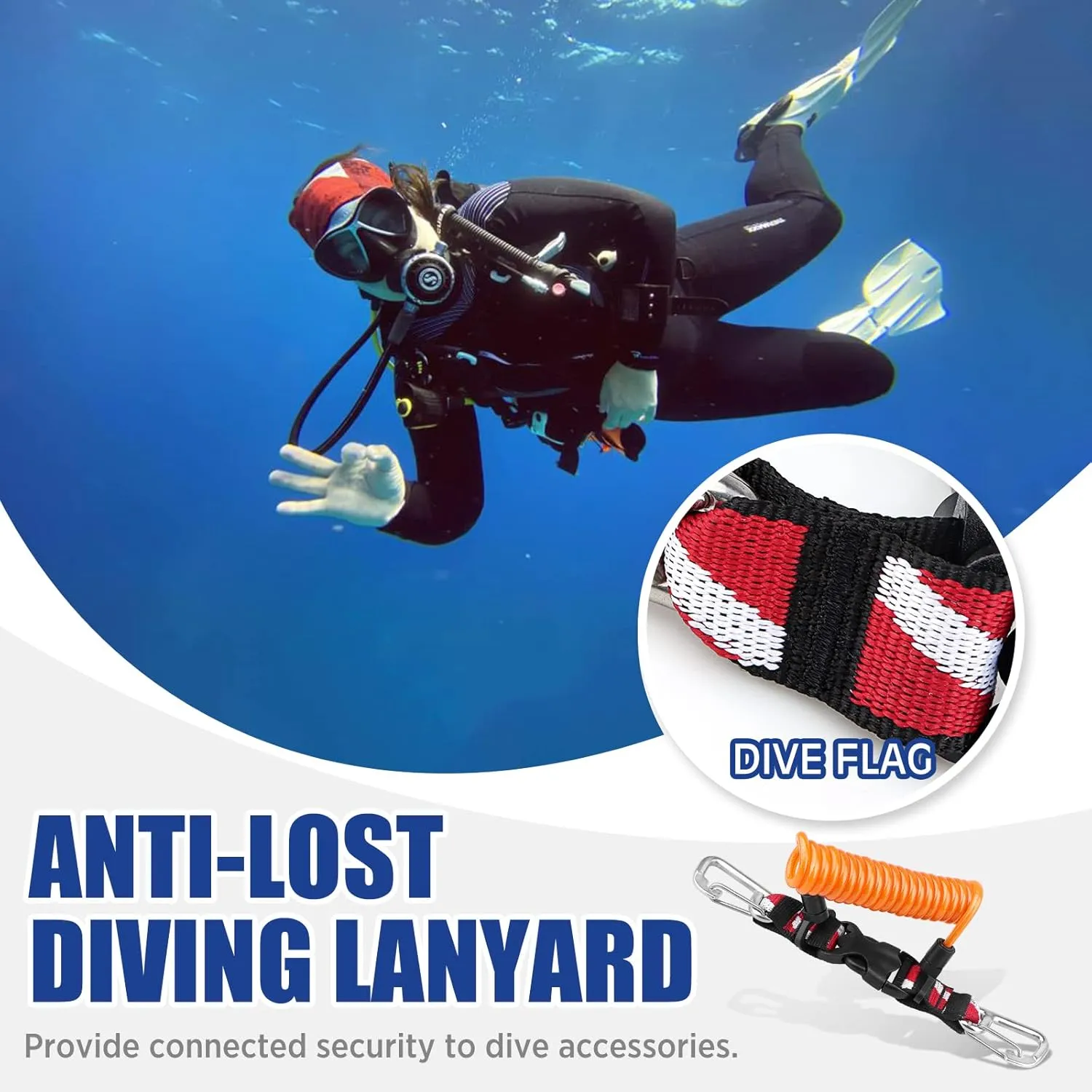 Scuba Retractable Lanyard, Stainless Steel Double-Clips and Spiral Core Anti-Lost Lanyard with Quick-Release Buckle