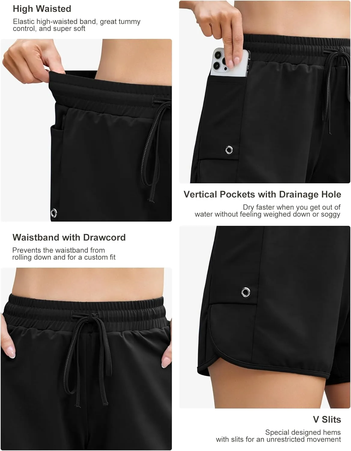 SILKWORLD Women 4" Swim Shorts Side Split Swim Trunk Quick Dry Swimming Board Shorts with Pockets
