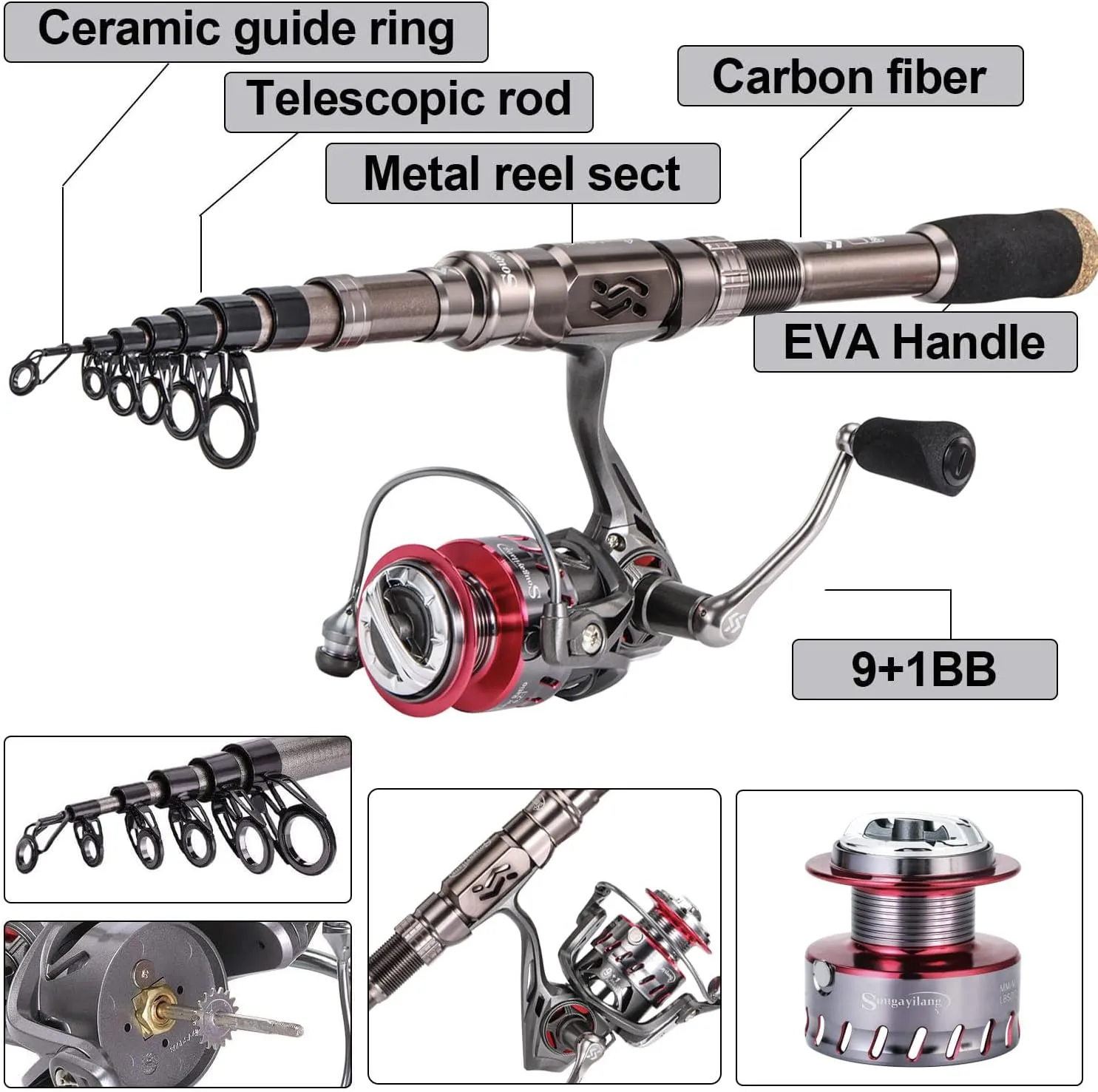 Sougayilang Fishing Rod and Reel Set Carbon Fiber Telescopic Fishing Rod 12 1BB Spinning Reel with Carry Case for Saltwater Freshwater