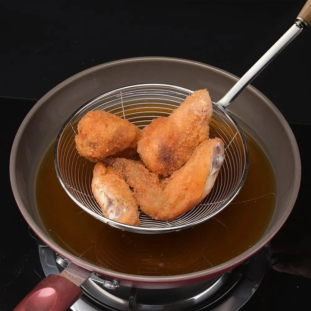 Spider Strainer, Cooking Spider,7.9-inch Extra Large Spider Spoon with Wood Handle, Stainless Steel Spider Cooking Utensil for Cooking and Frying