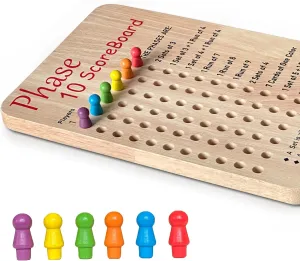 Tuiiopoli Score Board for Phase 10, Thicken Real Quailty Hardwood Oak Scoreboard with 6 Colored Pegs Wooden Score Sheets Tracker Board Party Family Night Oak Accessories Board