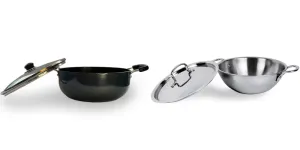 USHA SHRIRAM Triply Stainless Steel Kadai with Lid (2.6L) & Non Stick Kadai with Lid (2.8L) | Stove & Induction Cookware | Heat Surround Cooking | Heavy Bottom Kadai | Deep Frying Kadhai
