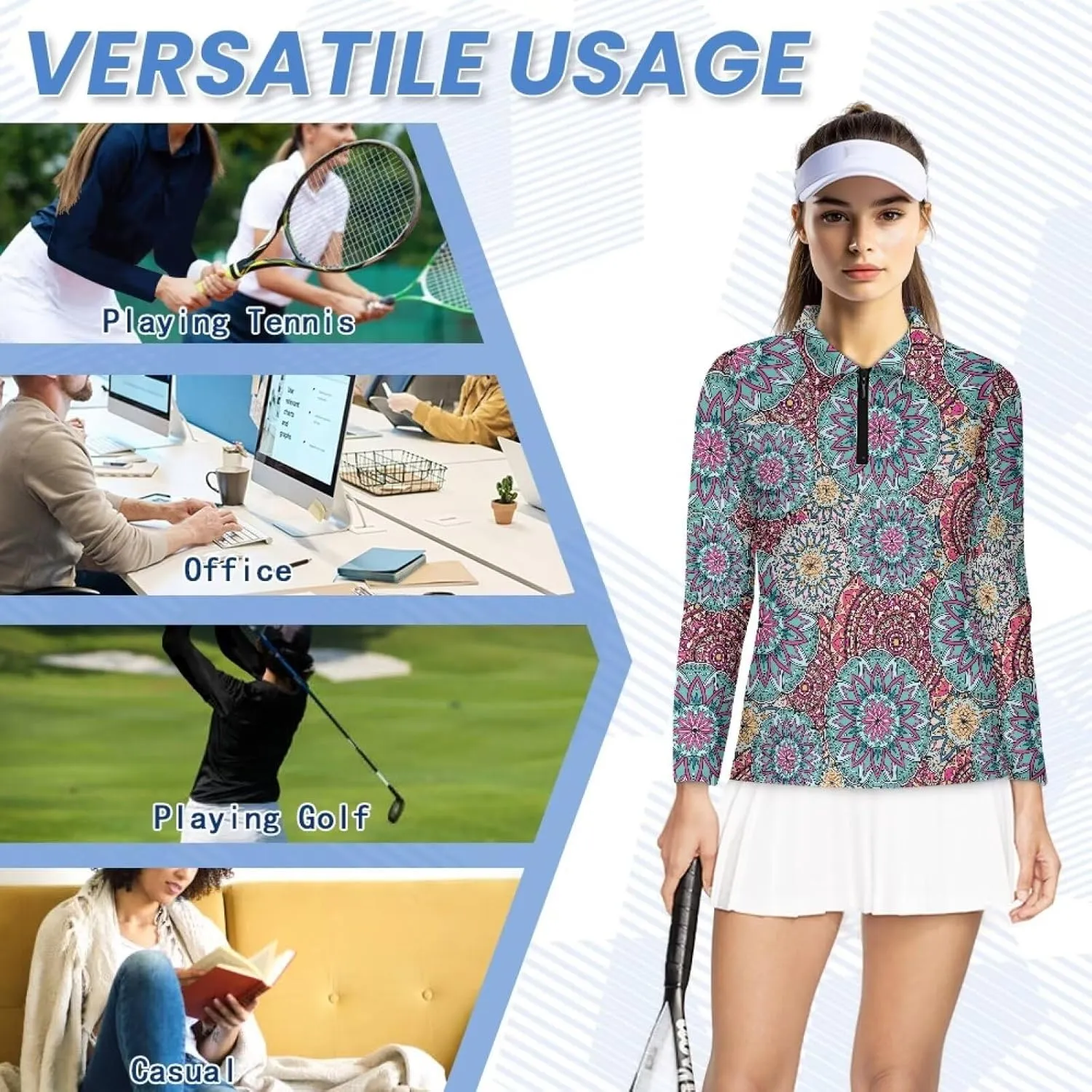 Women's Golf Polo Shirts Long Sleeve V Neck Tennis Shirt Quarter Zip Pullover Running Tops for Ladies XS-XXL