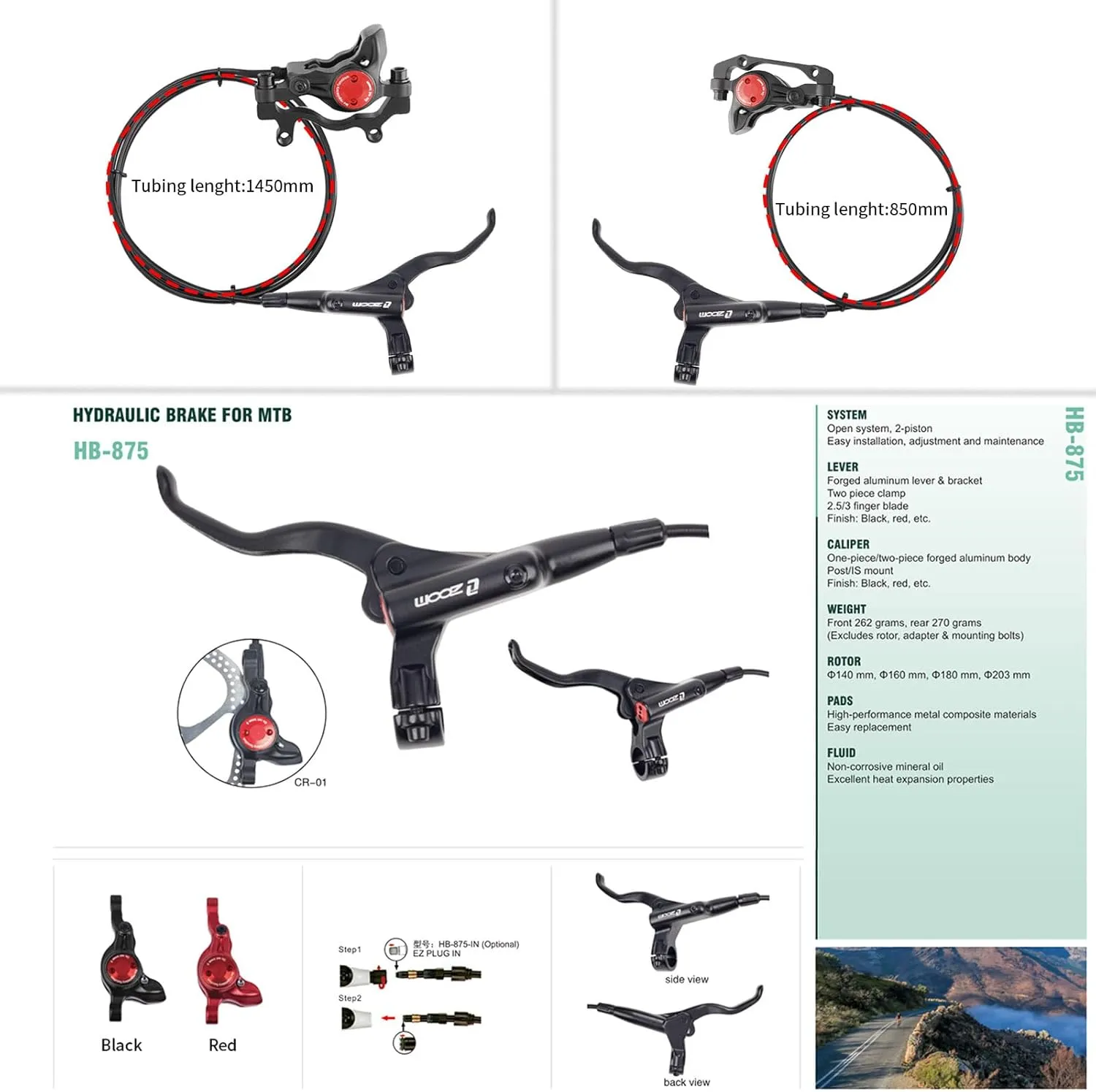 Zoom HB875 Hydraulic Disc Brakes Set, Black, Mountain Bike Right Front 800mm, Adapter Fit EBike Fat Bike Bicycle Accessories for Mountain Bike, Road Bike